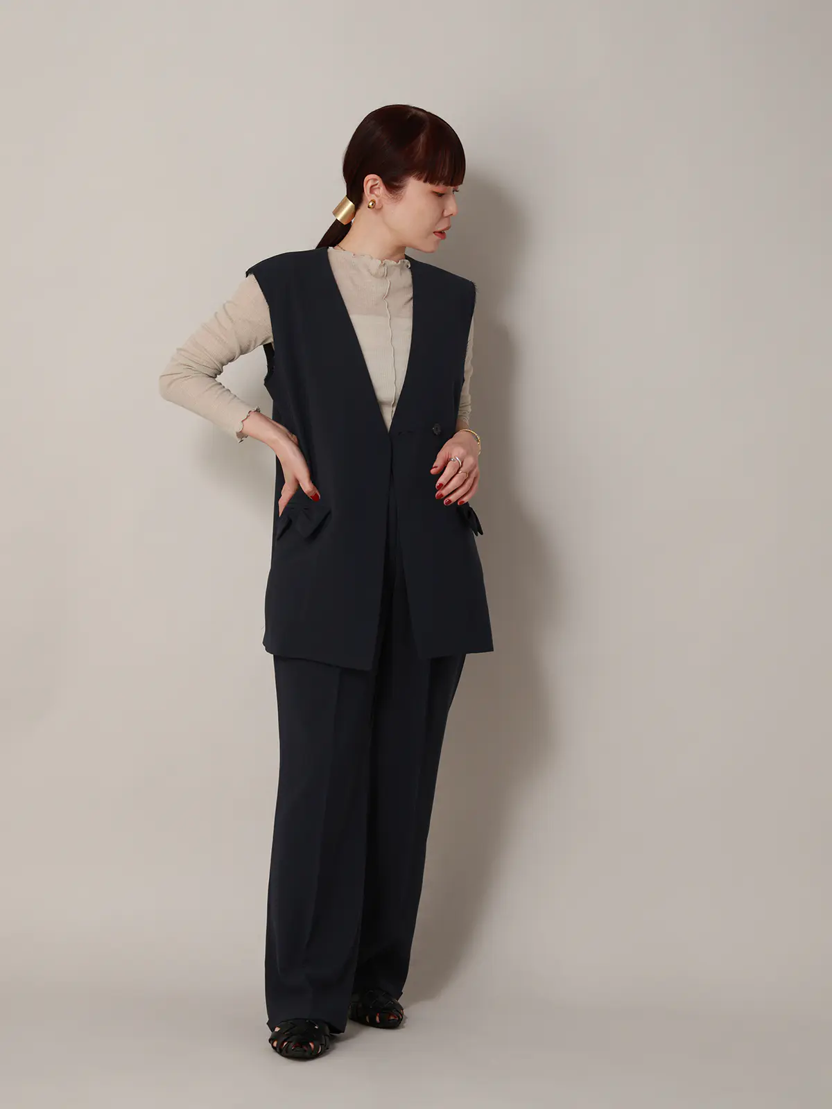 【2／23　23:59までWEB先行販売中】CIS.／リボンポケットジレ／無地 ネイビー 36(7号）