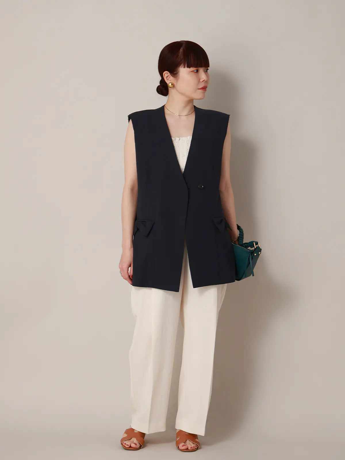 【2／23　23:59までWEB先行販売中】CIS.／リボンポケットジレ／無地 ネイビー 36(7号）