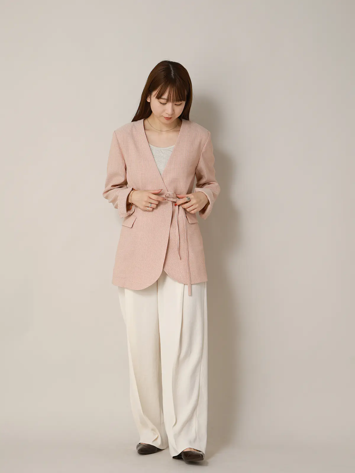 【2／23　23:59までWEB先行販売中】CIS.／ノーカラージャケット&スカーフ／ストライプ オレンジ 36(7号）