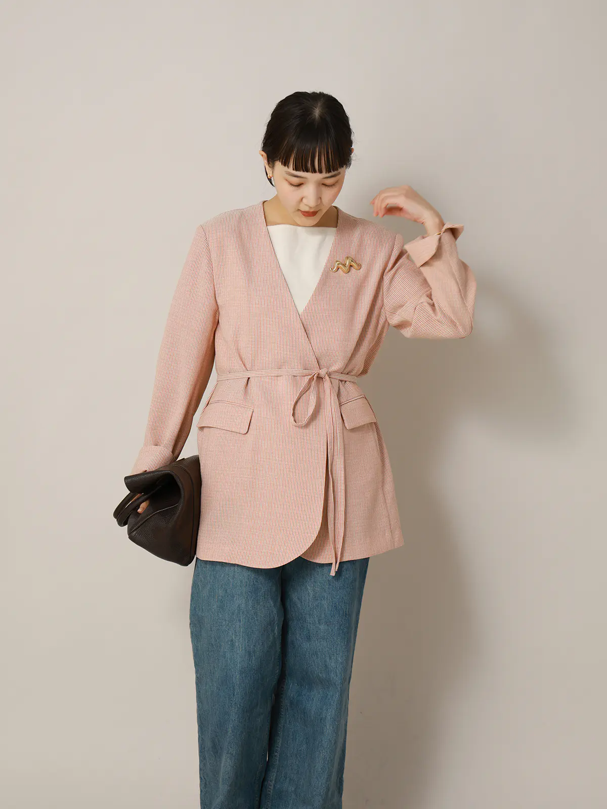 【2／23　23:59までWEB先行販売中】CIS.／ノーカラージャケット&スカーフ／ストライプ オレンジ 36(7号）