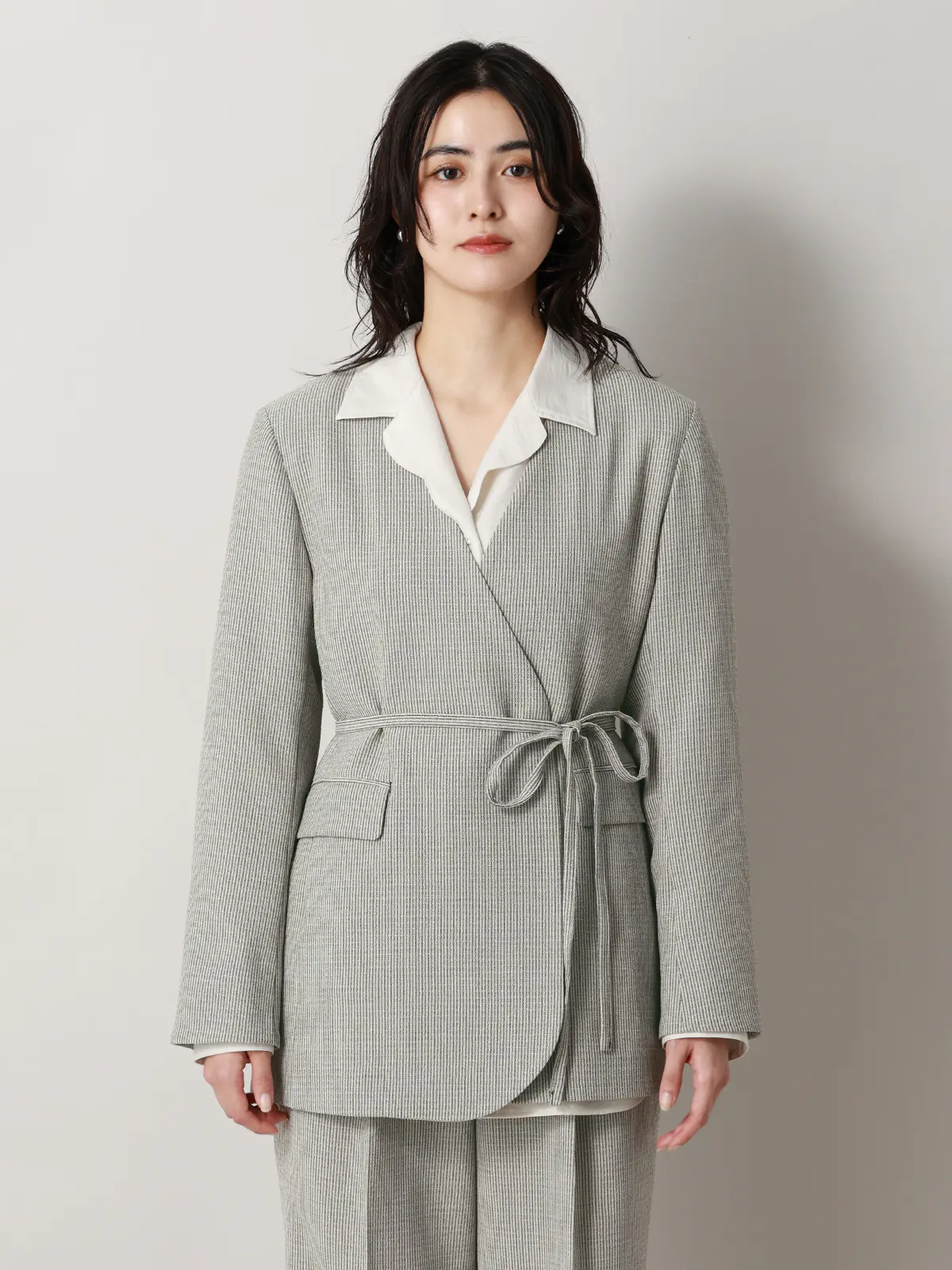 【2／23　23:59までWEB先行販売中】CIS.／ノーカラージャケット&スカーフ／ストライプ ブラック 36(7号）