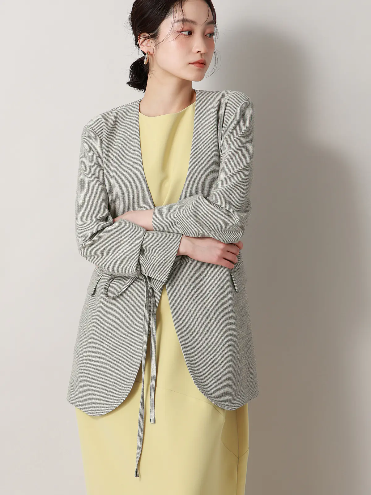 【2／23　23:59までWEB先行販売中】CIS.／ノーカラージャケット&スカーフ／ストライプ ブラック 36(7号）