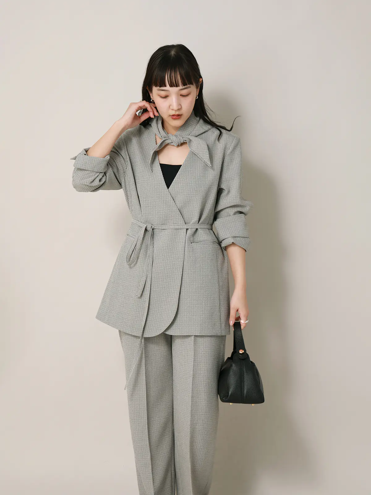 【2／23　23:59までWEB先行販売中】CIS.／ノーカラージャケット&スカーフ／ストライプ ブラック 36(7号）