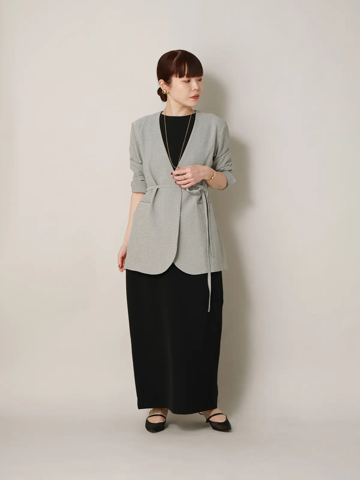 【2／23　23:59までWEB先行販売中】CIS.／ノーカラージャケット&スカーフ／ストライプ ブラック 36(7号）