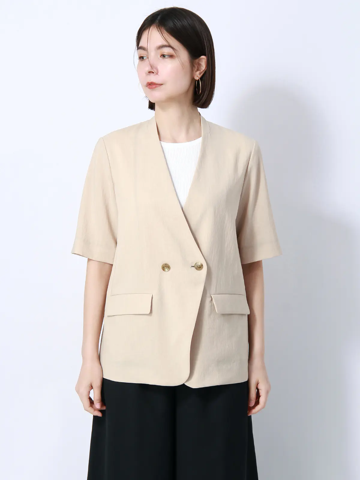 【訳アリ商品】ダブルブレストジャケット/ノーカラー/5分袖/ウォッシャブル/ストレッチ/吸汗速乾/無地 ベージュ 36(7号)