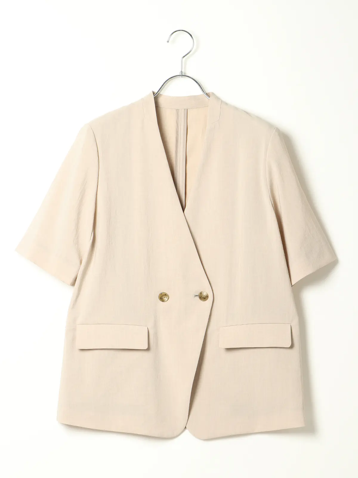 【訳アリ商品】ダブルブレストジャケット/ノーカラー/5分袖/ウォッシャブル/ストレッチ/吸汗速乾/無地 ベージュ 36(7号)