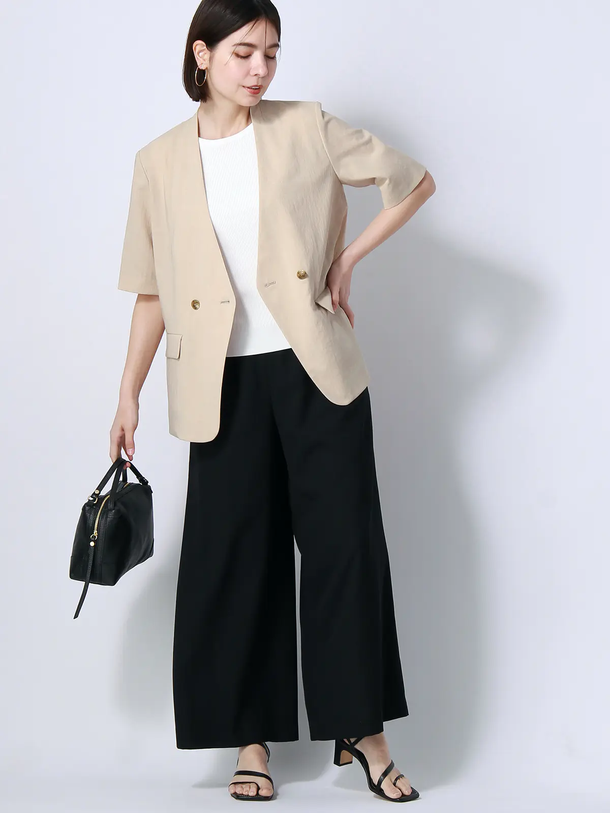 【訳アリ商品】ダブルブレストジャケット/ノーカラー/5分袖/ウォッシャブル/ストレッチ/吸汗速乾/無地 ベージュ 36(7号)