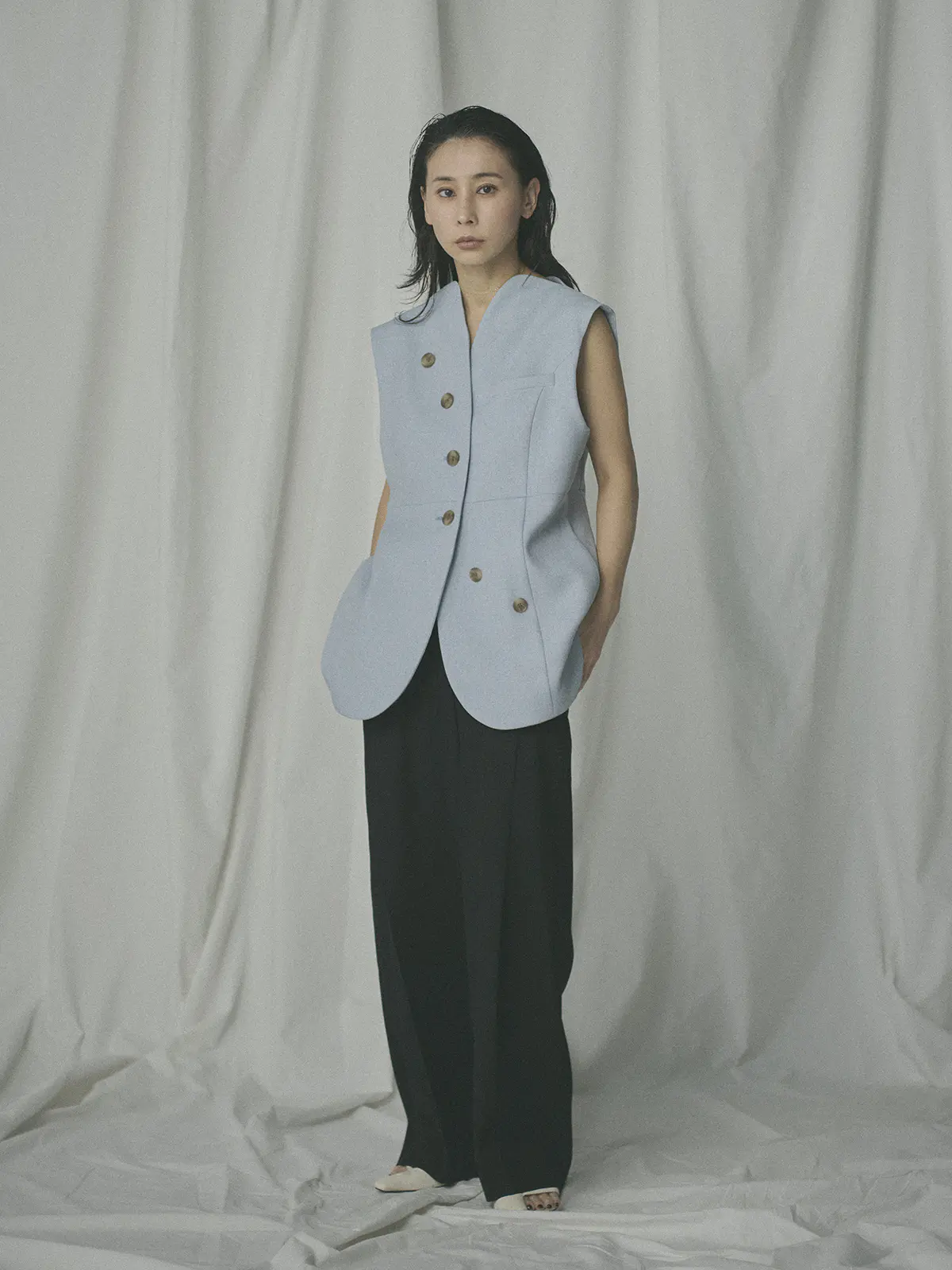 【2／23　23:59までWEB先行販売中】CIS．／ノーカラージレ／ヘリンボーン サックス 36(7号）