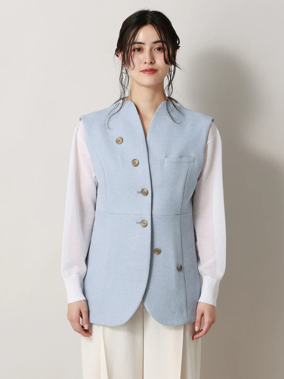 【2／23　23:59までWEB先行販売中】CIS．／ノーカラージレ／ヘリンボーン サックス 36(7号）