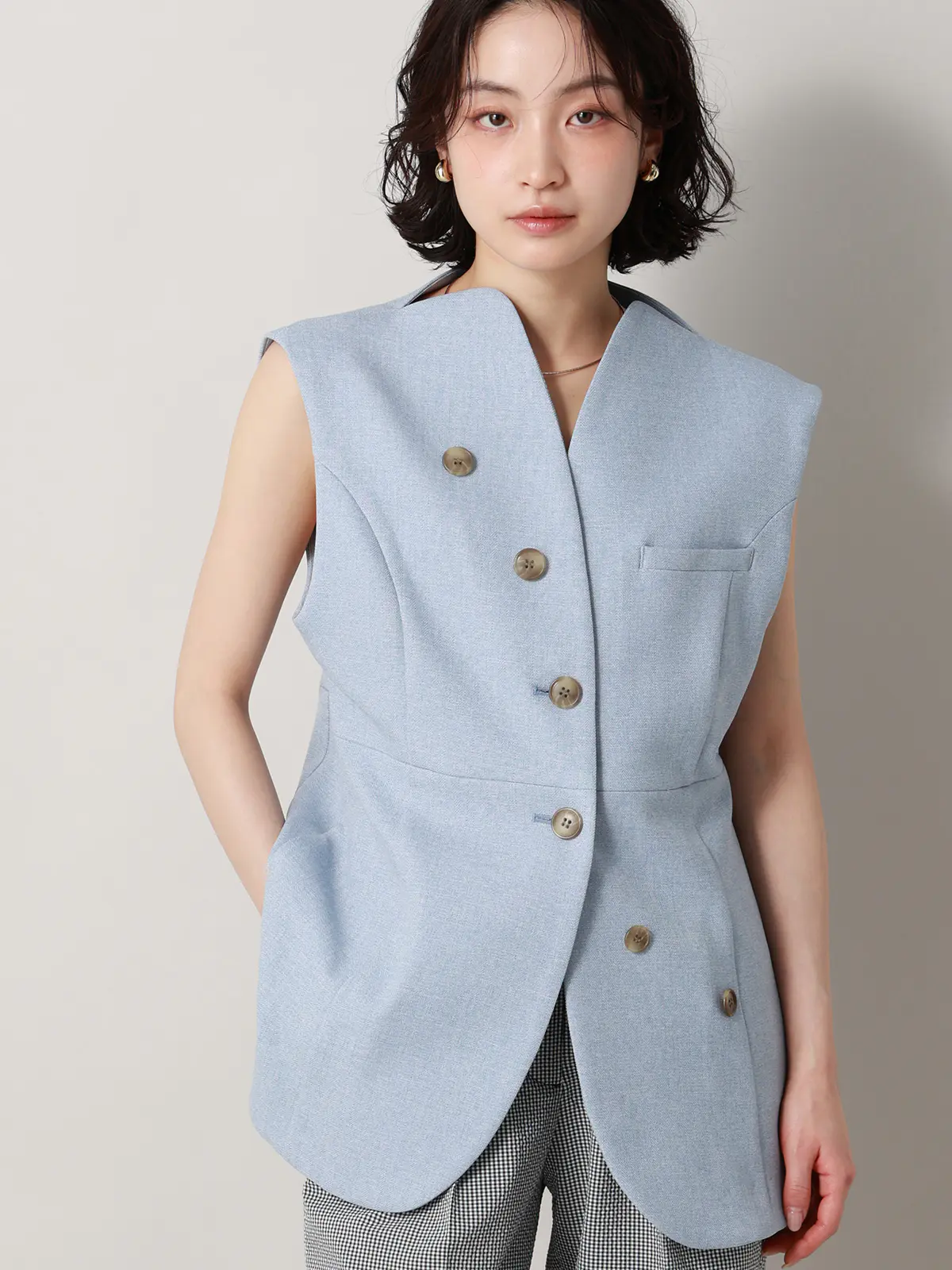 【2／23　23:59までWEB先行販売中】CIS．／ノーカラージレ／ヘリンボーン サックス 36(7号）