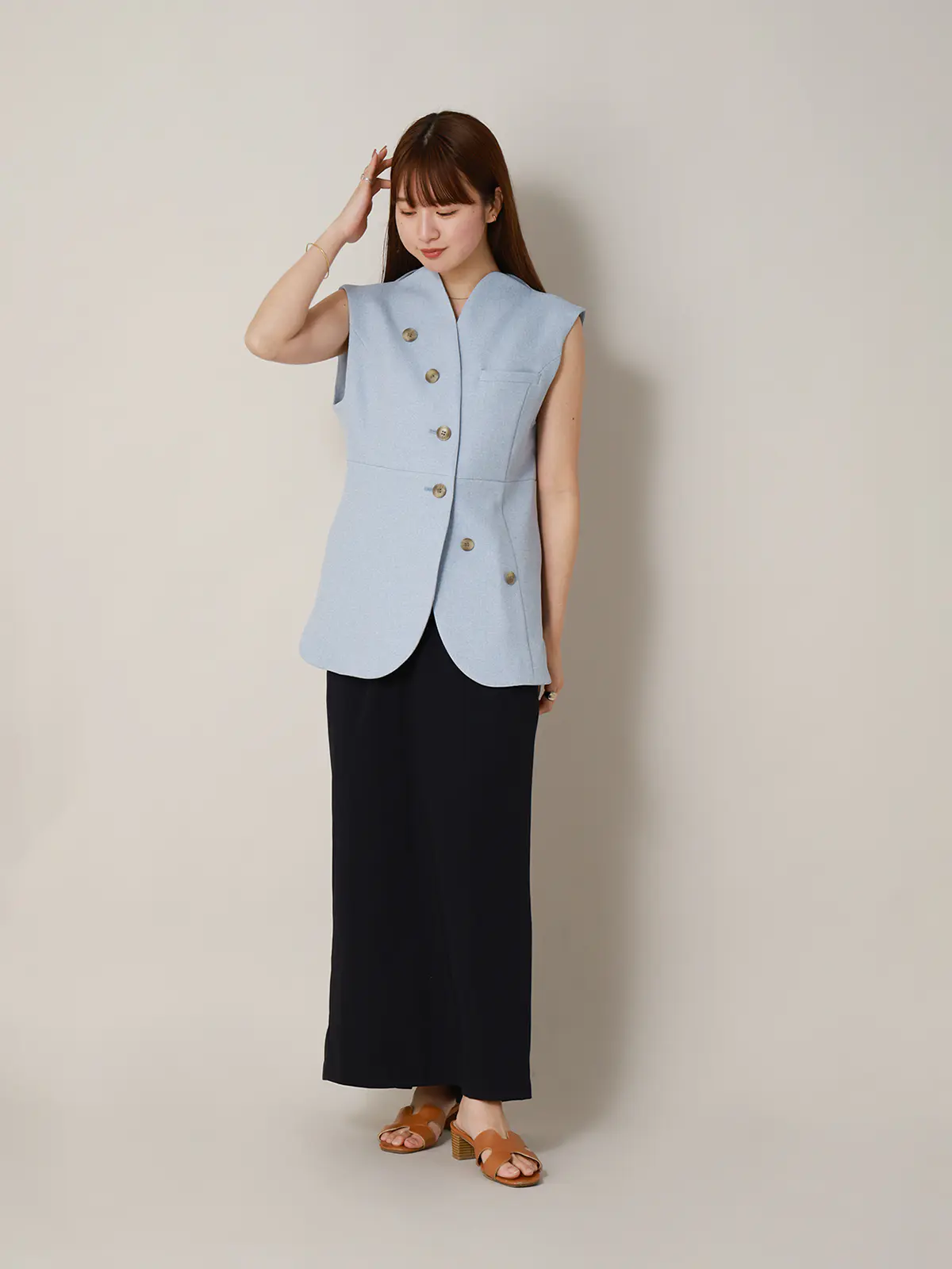 【2／23　23:59までWEB先行販売中】CIS．／ノーカラージレ／ヘリンボーン サックス 36(7号）