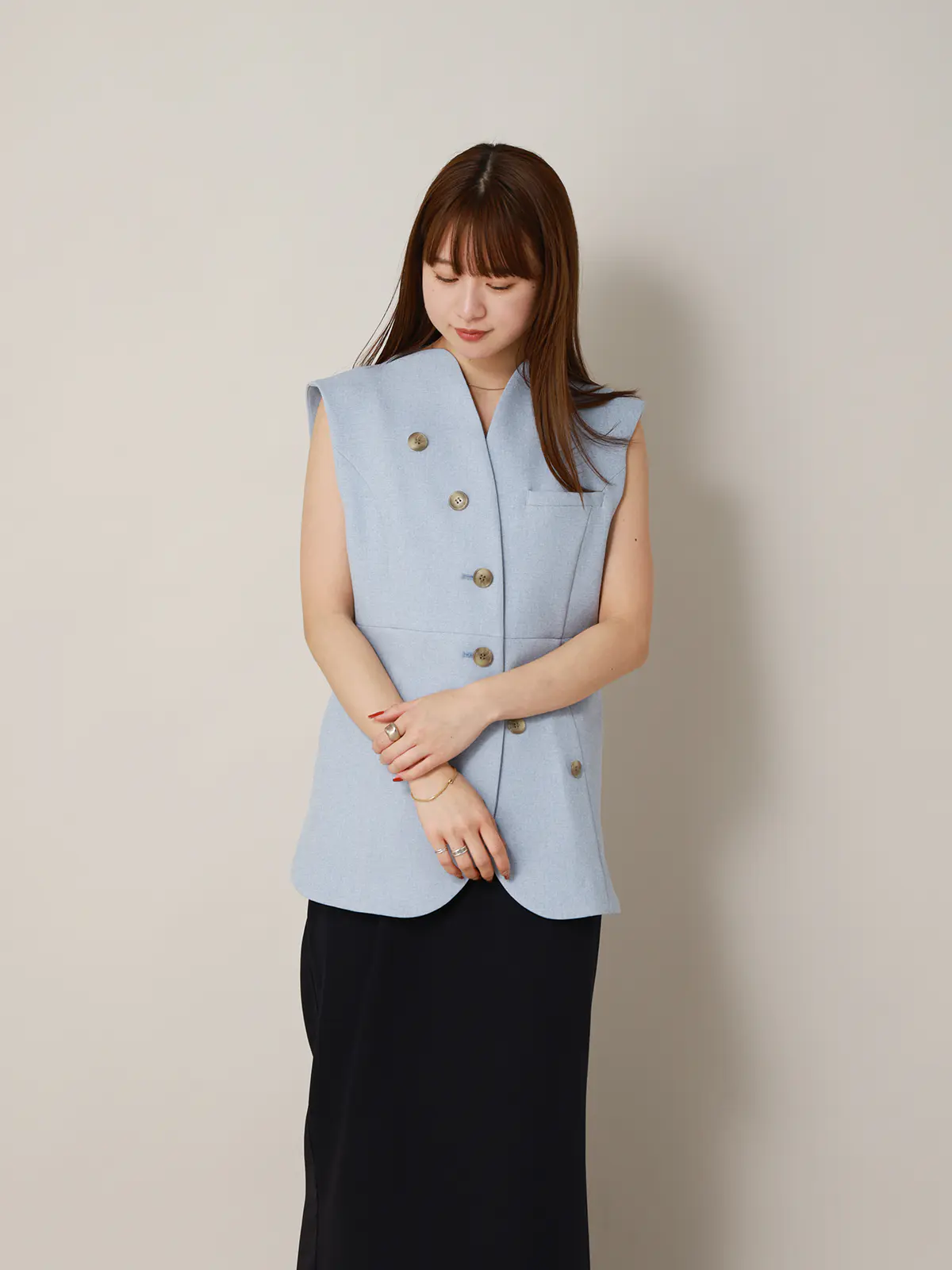 【2／23　23:59までWEB先行販売中】CIS．／ノーカラージレ／ヘリンボーン サックス 36(7号）