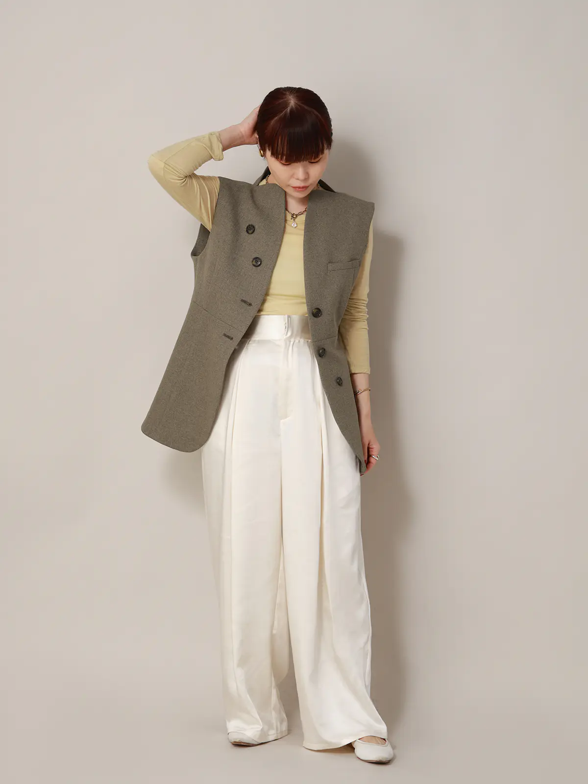 【2／23　23:59までWEB先行販売中】CIS．／ノーカラージレ／ヘリンボーン ベージュ 36(7号）