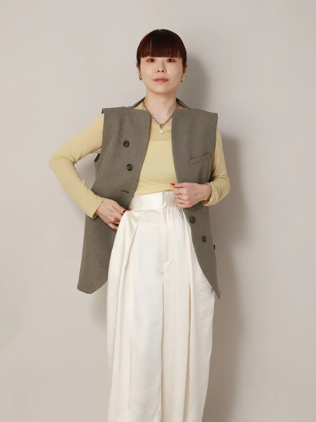 【2／23　23:59までWEB先行販売中】CIS．／ノーカラージレ／ヘリンボーン ベージュ 36(7号）