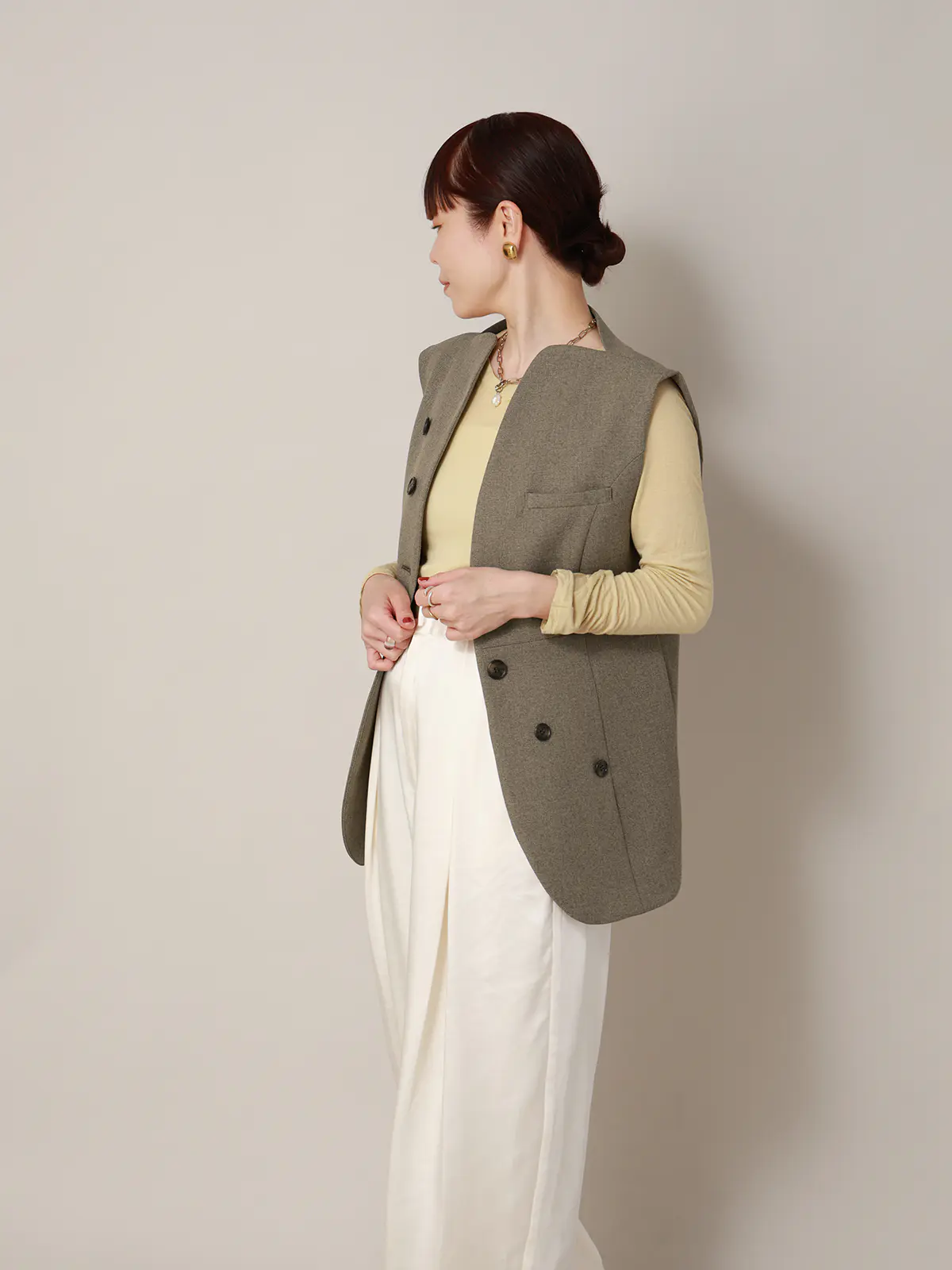 【2／23　23:59までWEB先行販売中】CIS．／ノーカラージレ／ヘリンボーン ベージュ 36(7号）