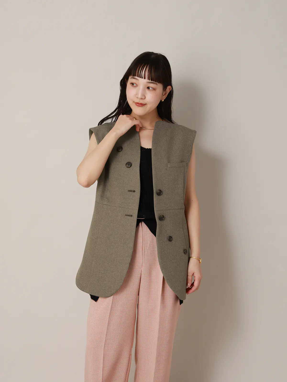 【2／23　23:59までWEB先行販売中】CIS．／ノーカラージレ／ヘリンボーン ベージュ 36(7号）