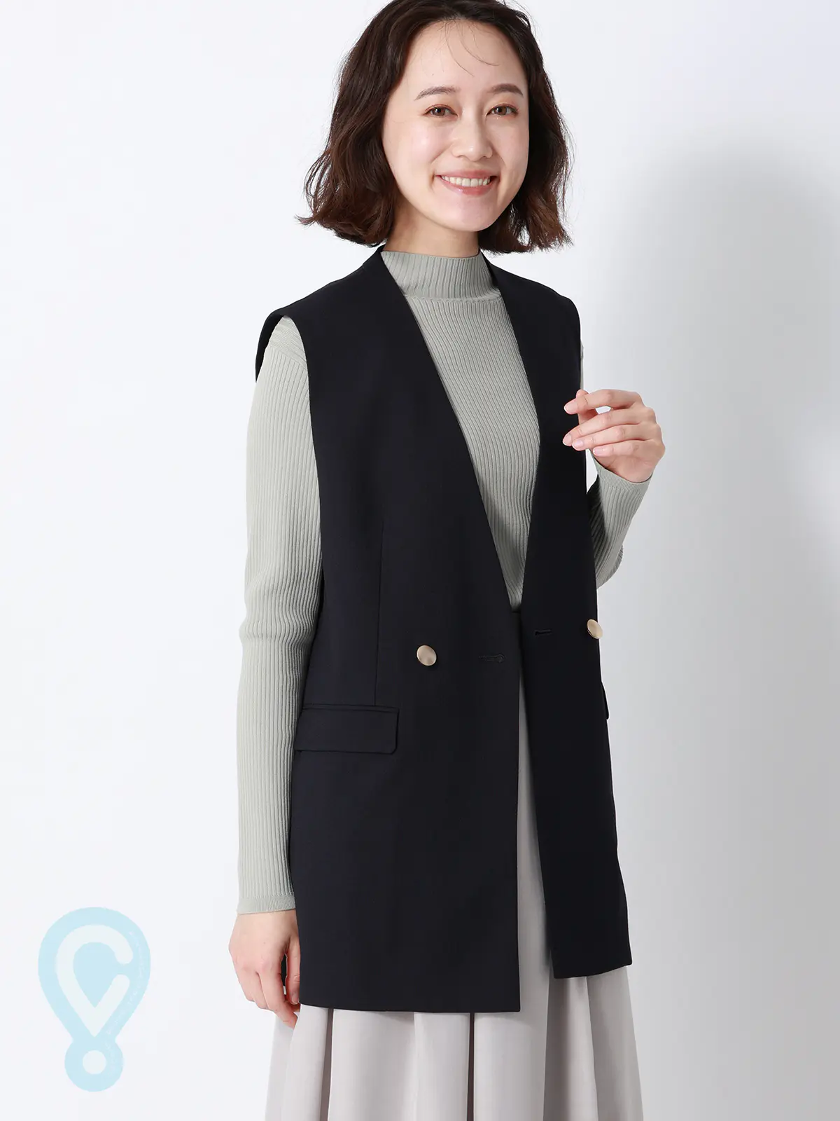 CHANTOWA／ダブルブレストジレ／Vカラー／ウォッシャブル／ドビーストレッチ／織柄 ネイビー 36(7号）