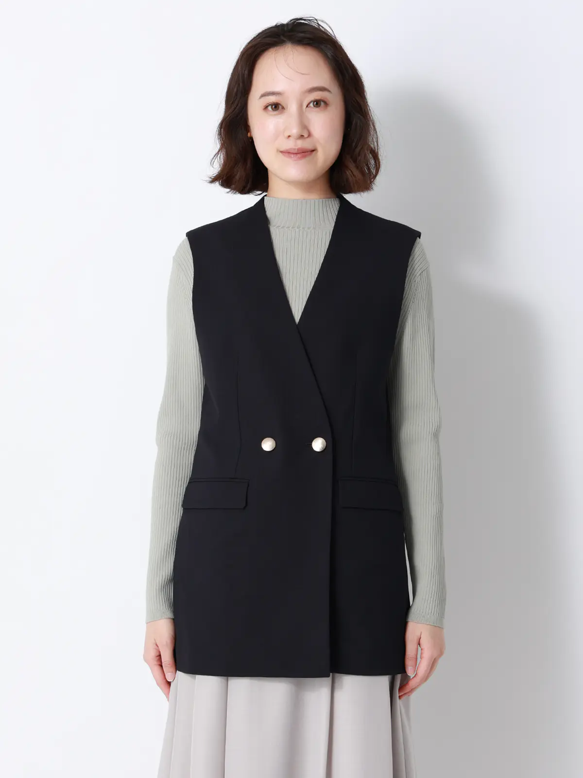 CHANTOWA／ダブルブレストジレ／Vカラー／ウォッシャブル／ドビーストレッチ／織柄 ネイビー 36(7号）