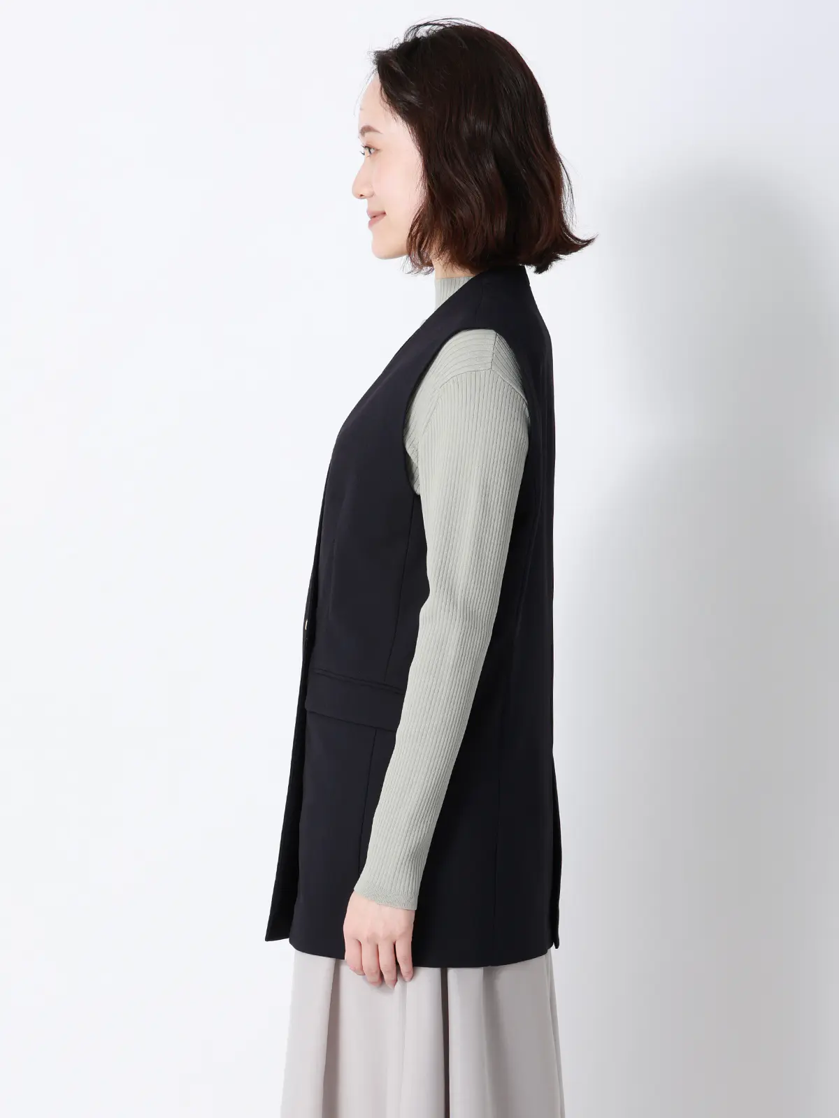 CHANTOWA／ダブルブレストジレ／Vカラー／ウォッシャブル／ドビーストレッチ／織柄 ネイビー 36(7号）