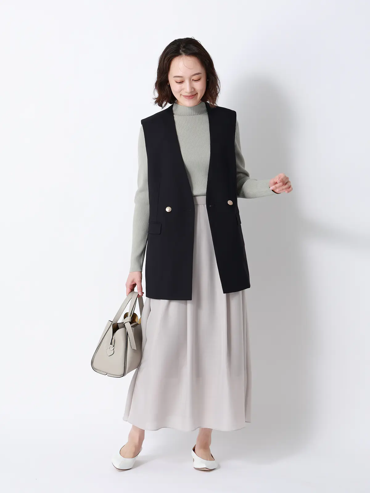 CHANTOWA／ダブルブレストジレ／Vカラー／ウォッシャブル／ドビーストレッチ／織柄 ネイビー 36(7号）