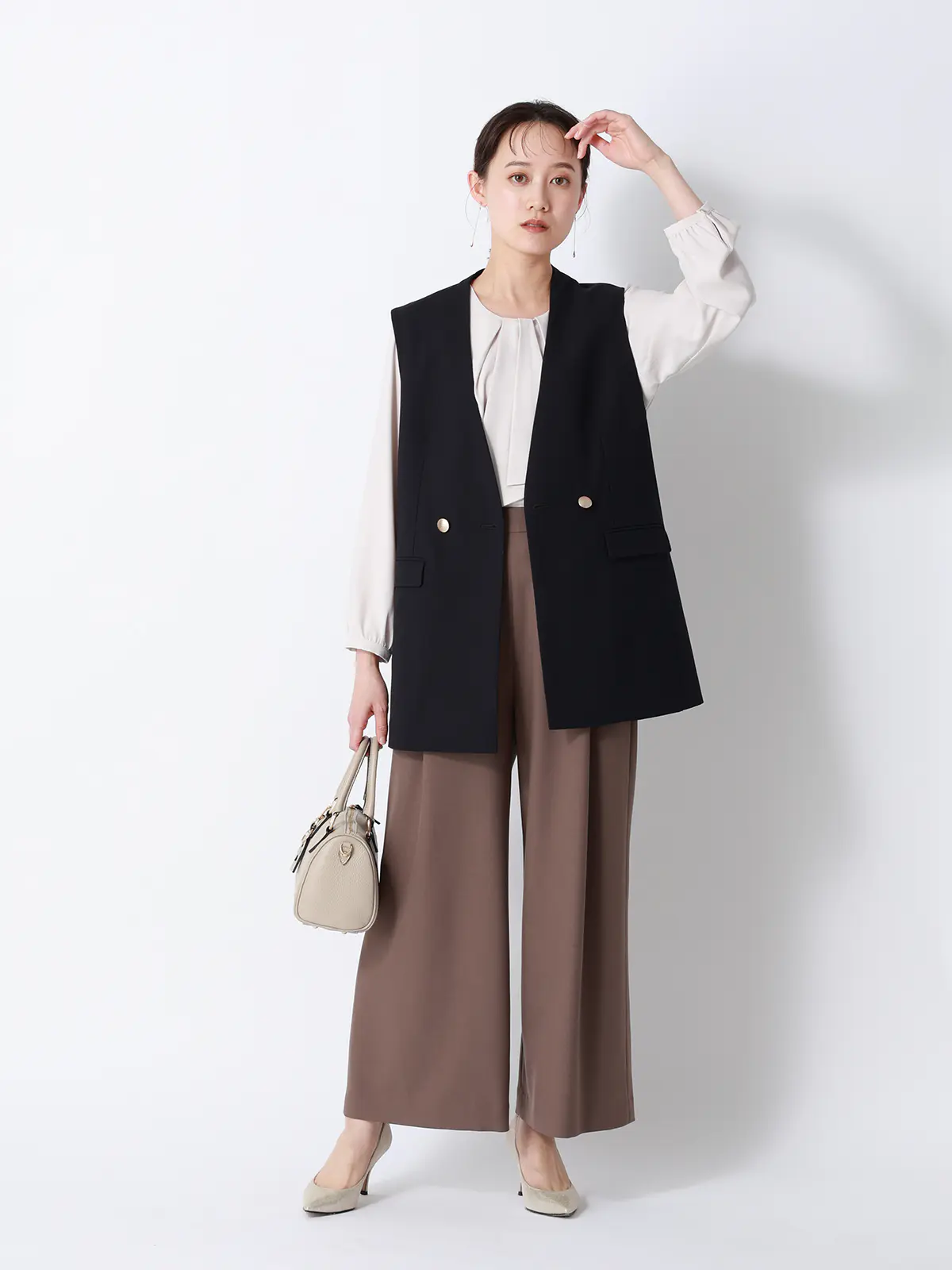 CHANTOWA／ダブルブレストジレ／Vカラー／ウォッシャブル／ドビーストレッチ／織柄 ネイビー 36(7号）