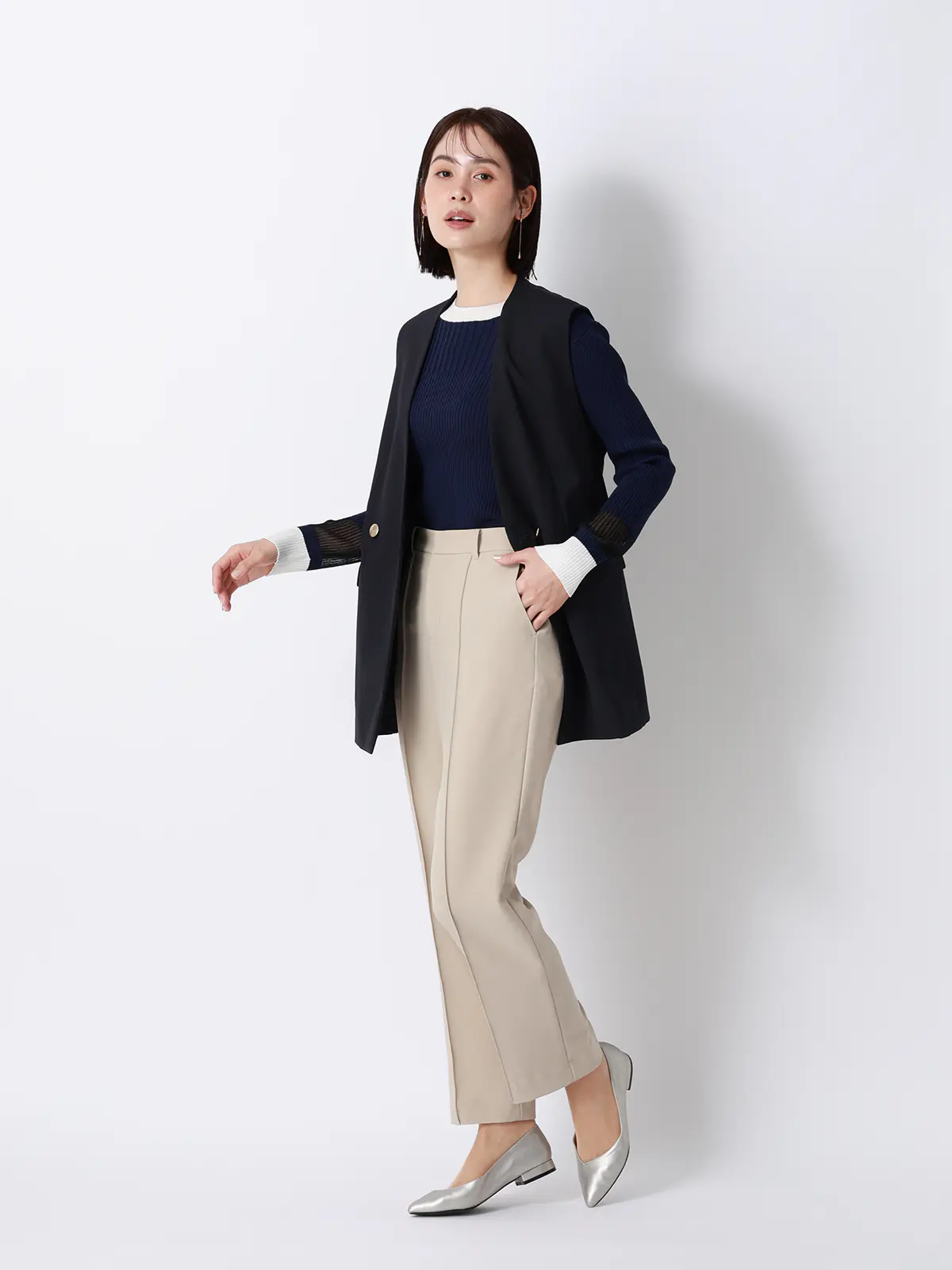 CHANTOWA／ダブルブレストジレ／Vカラー／ウォッシャブル／ドビーストレッチ／織柄 ネイビー 36(7号）