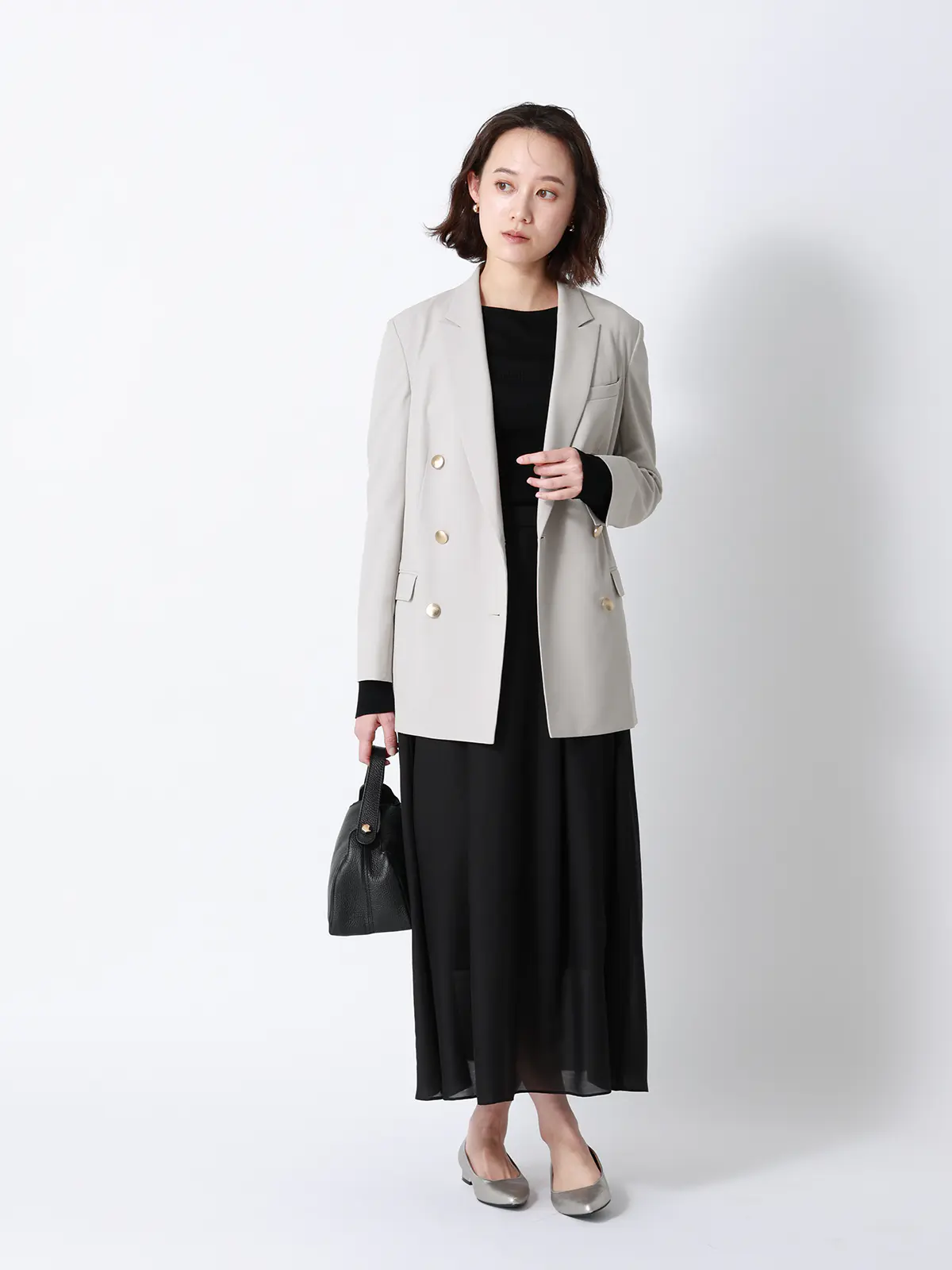 CHANTOWA／ダブルブレストジャケット／ウォッシャブル／ドビーストレッチ／織柄 グレージュ 36(7号）