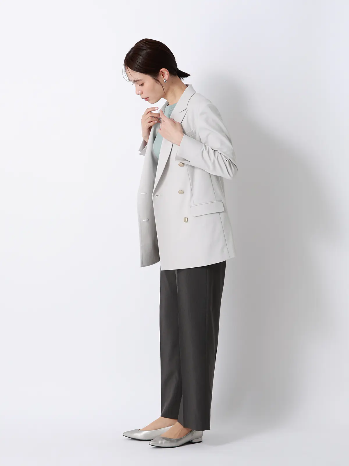 CHANTOWA／ダブルブレストジャケット／ウォッシャブル／ドビーストレッチ／織柄 グレージュ 36(7号）