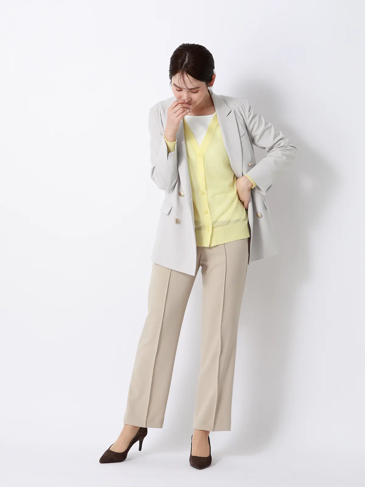 CHANTOWA／ダブルブレストジャケット／ウォッシャブル／ドビーストレッチ／織柄 グレージュ 40(11号）