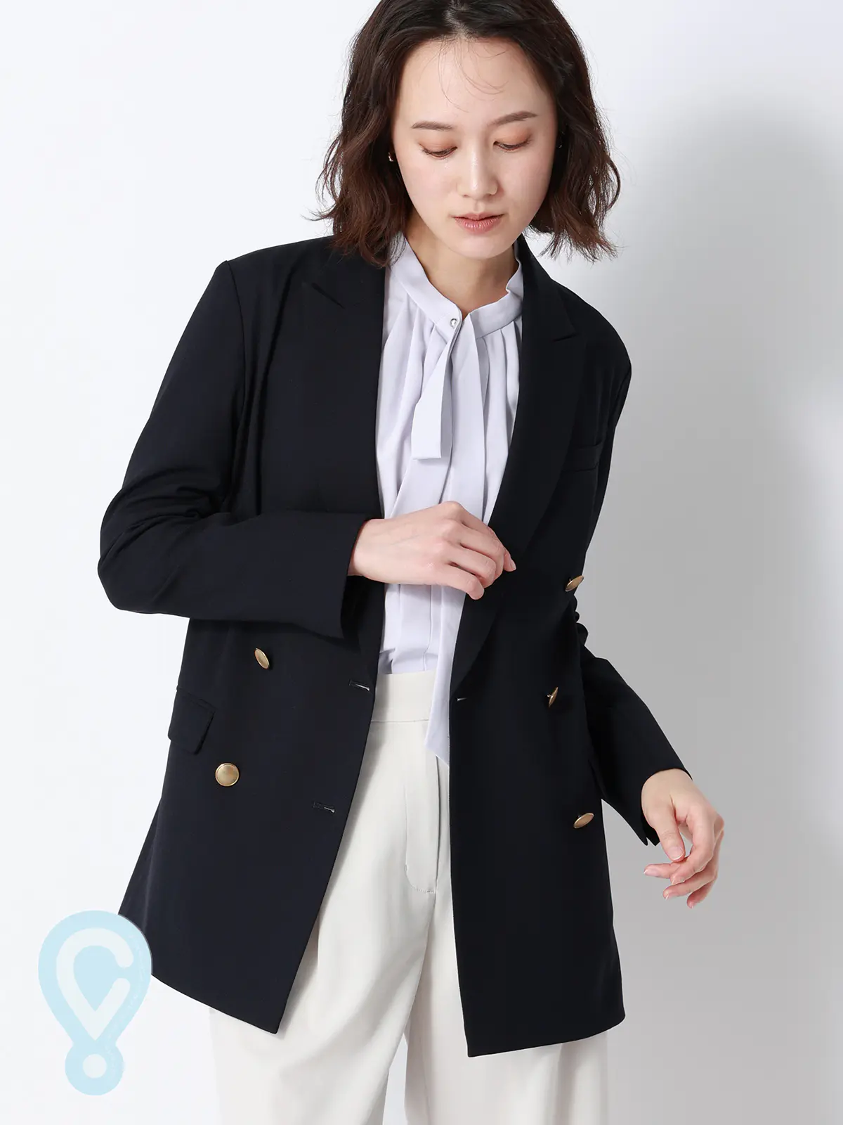 CHANTOWA／ダブルブレストジャケット／ウォッシャブル／ドビーストレッチ／織柄 ネイビー 40(11号）