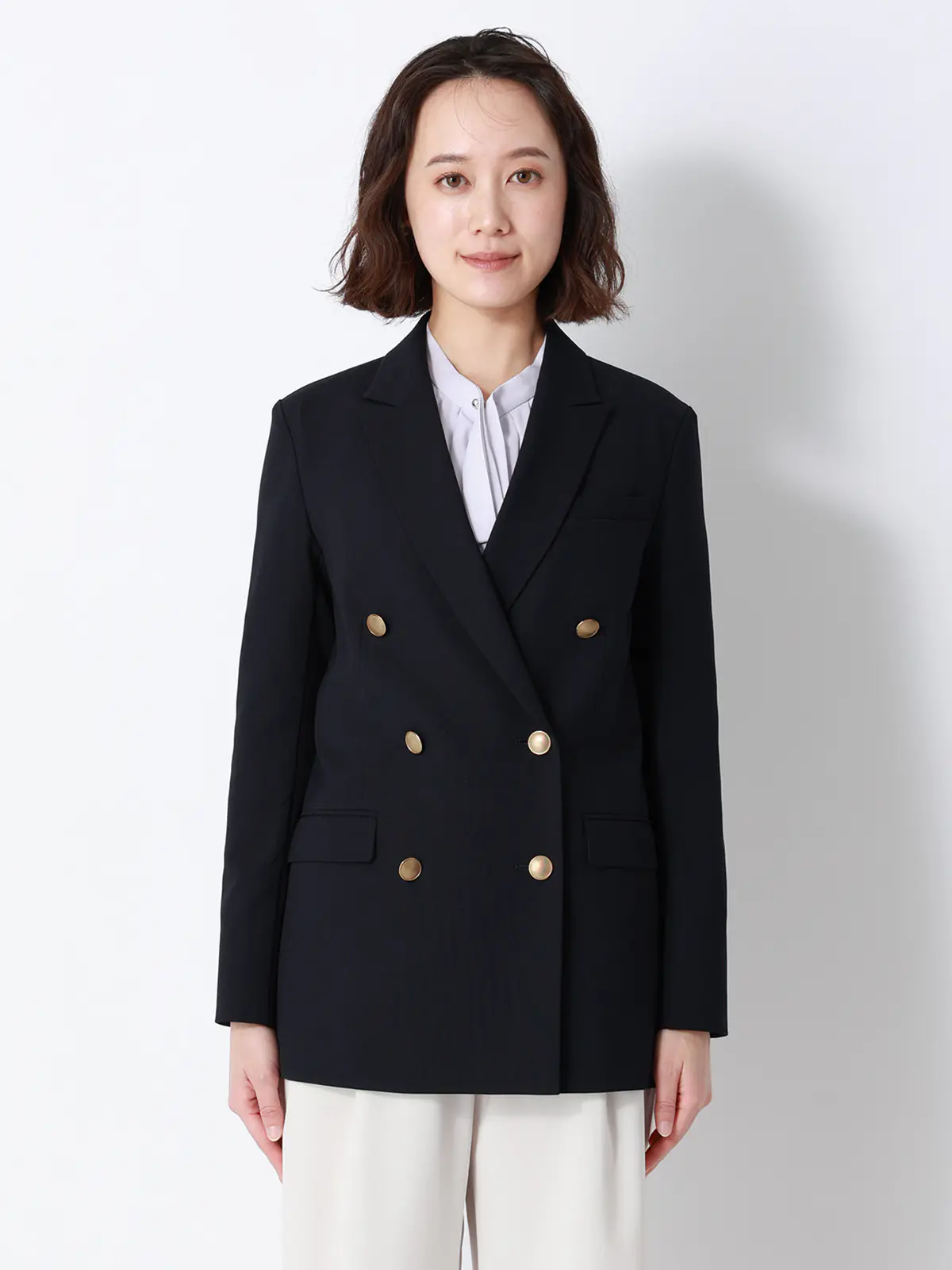 CHANTOWA／ダブルブレストジャケット／ウォッシャブル／ドビーストレッチ／織柄 ネイビー 40(11号）