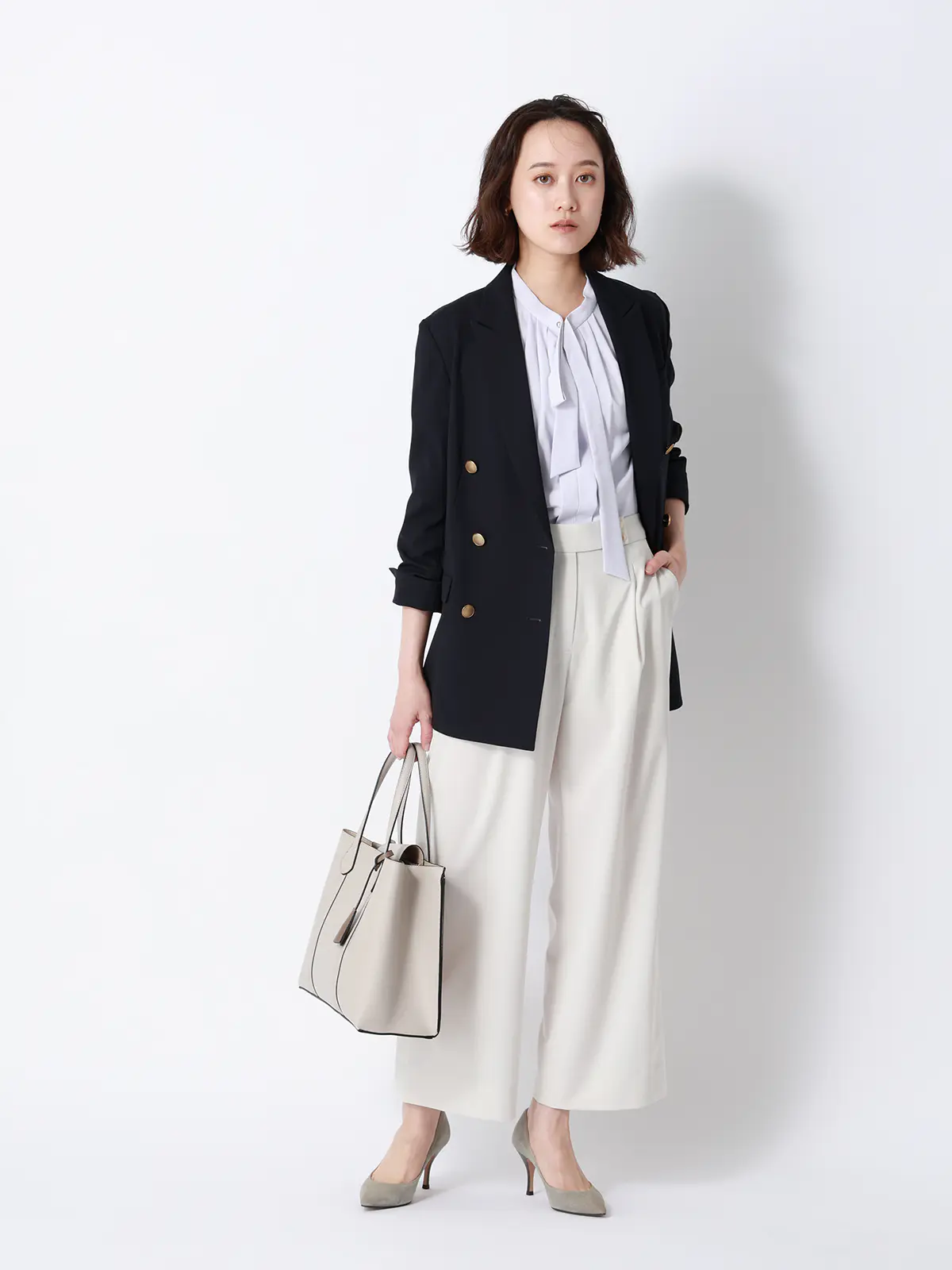 CHANTOWA／ダブルブレストジャケット／ウォッシャブル／ドビーストレッチ／織柄 ネイビー 40(11号）