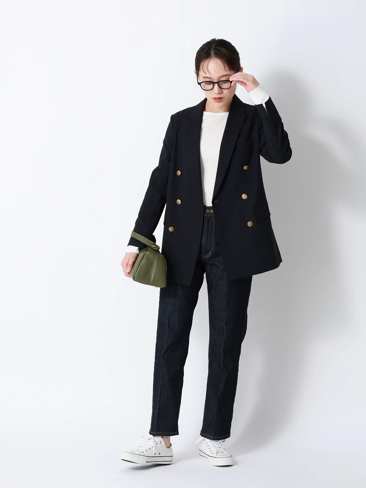 CHANTOWA／ダブルブレストジャケット／ウォッシャブル／ドビーストレッチ／織柄 ネイビー 40(11号）