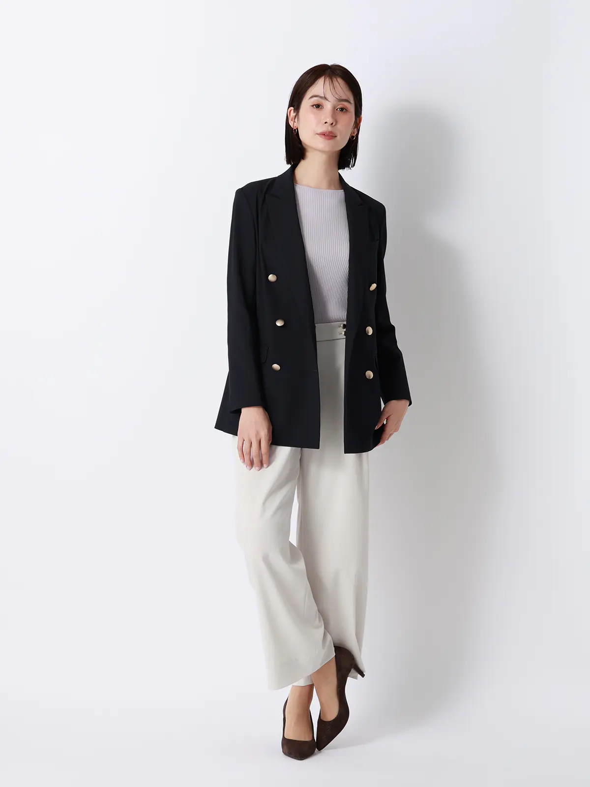 CHANTOWA／ダブルブレストジャケット／ウォッシャブル／ドビーストレッチ／織柄 ネイビー 40(11号）