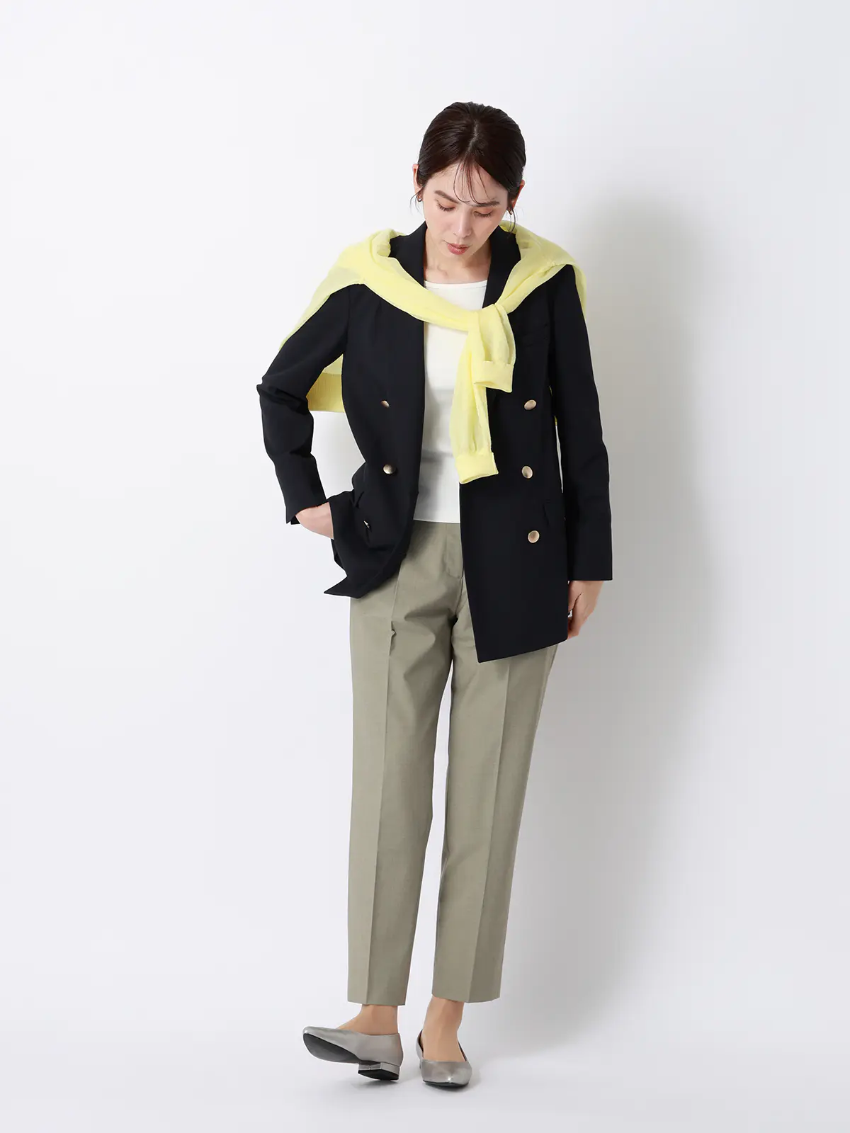 CHANTOWA／ダブルブレストジャケット／ウォッシャブル／ドビーストレッチ／織柄 ネイビー 40(11号）