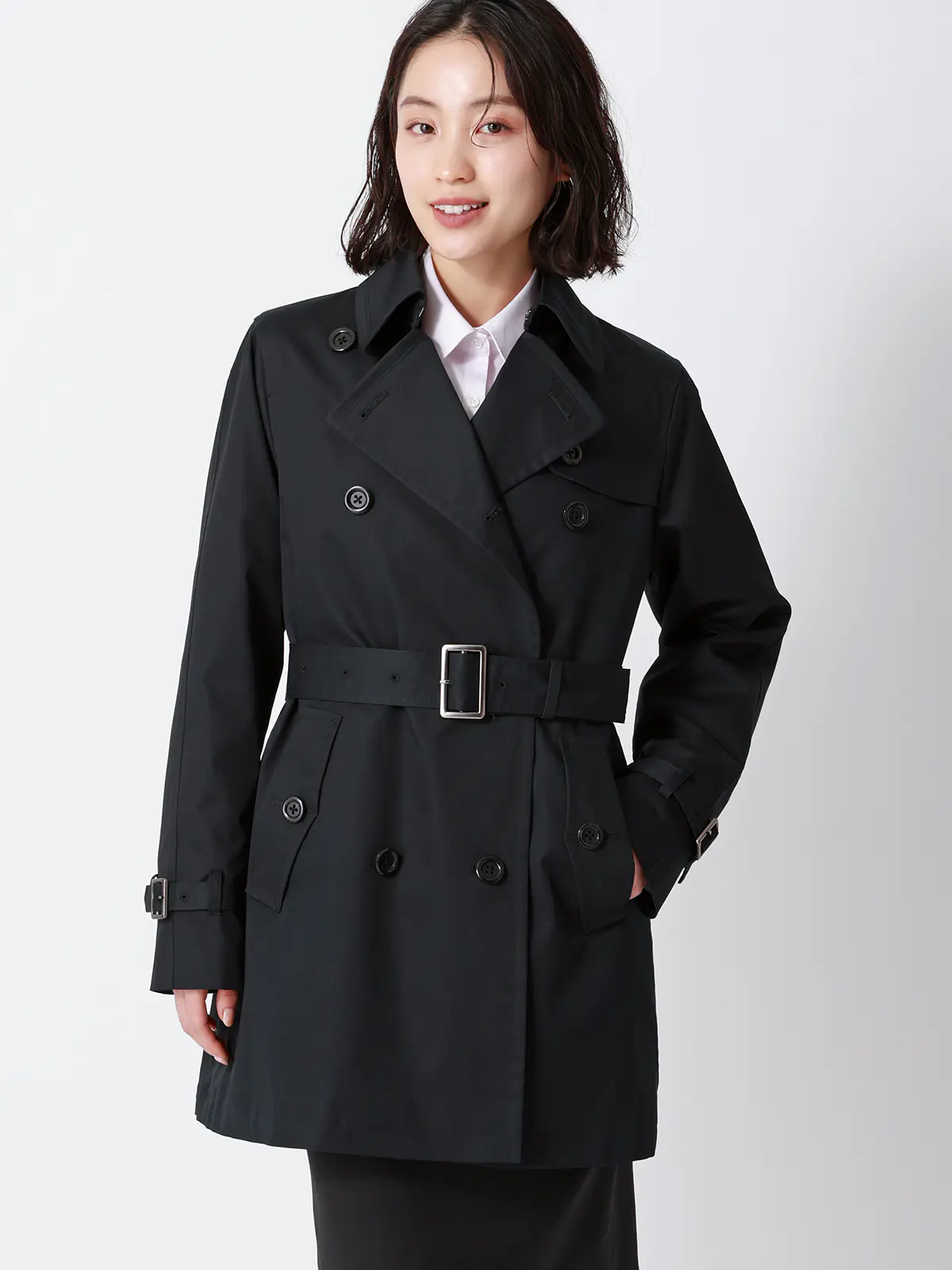 ショートトレンチコート／撥水／軽量／コットンポリエステル／無地／キルティングライナー付き ブラック S