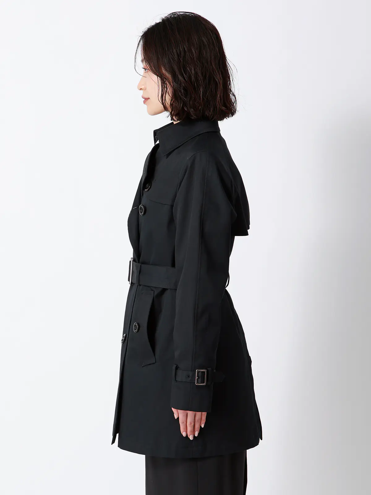 ショートトレンチコート／撥水／軽量／コットンポリエステル／無地／キルティングライナー付き ブラック S