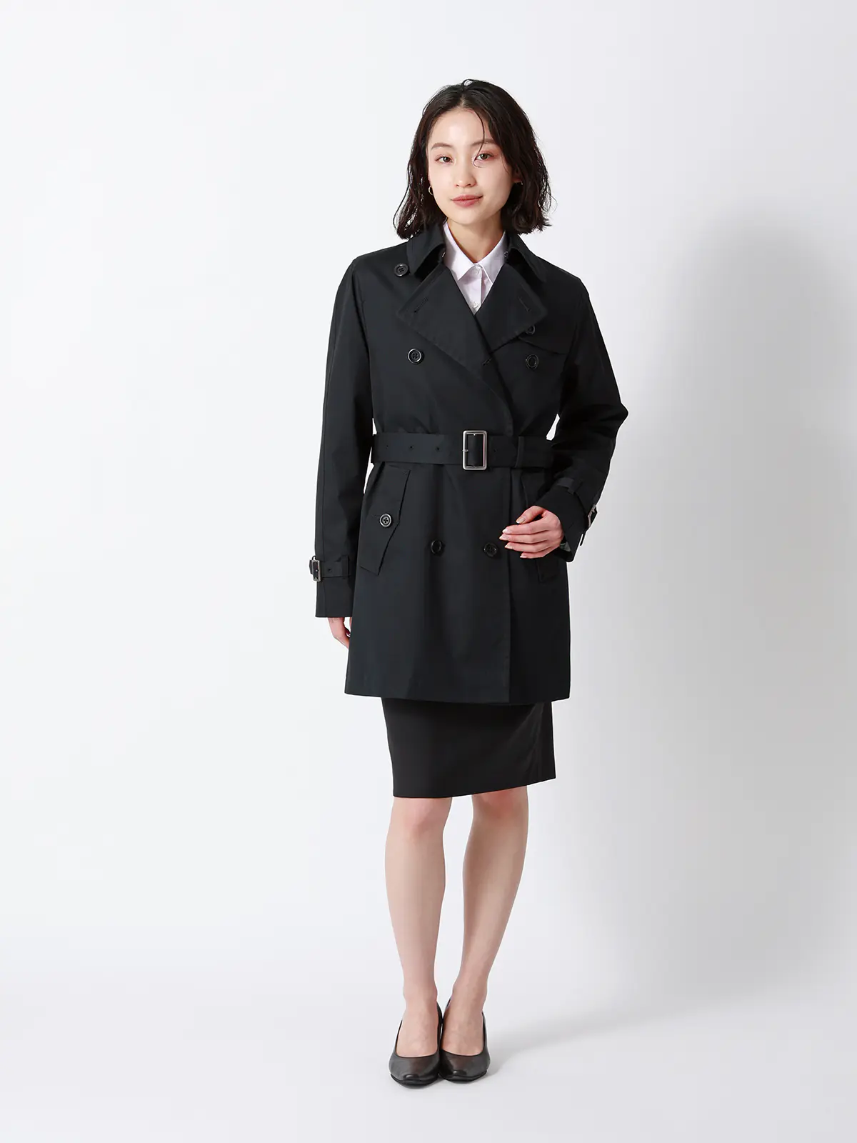 ショートトレンチコート／撥水／軽量／コットンポリエステル／無地／キルティングライナー付き ブラック S