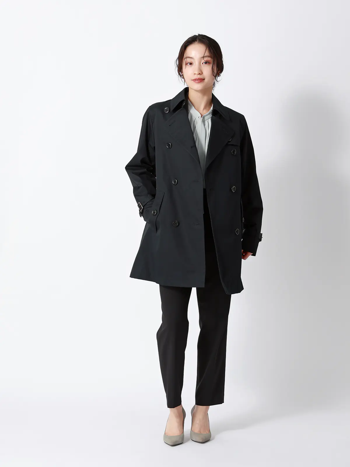 ショートトレンチコート／撥水／軽量／コットンポリエステル／無地／キルティングライナー付き ブラック S