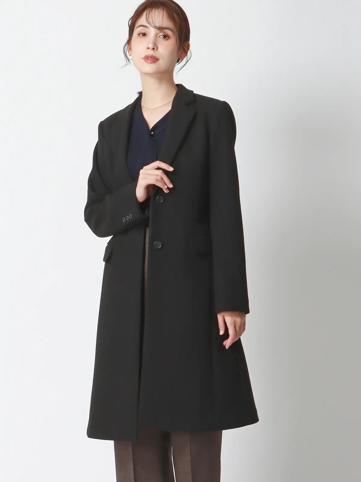 シングルチェスターコート/ウールライクジャージーメルトン/無地 ブラック 38(9号)