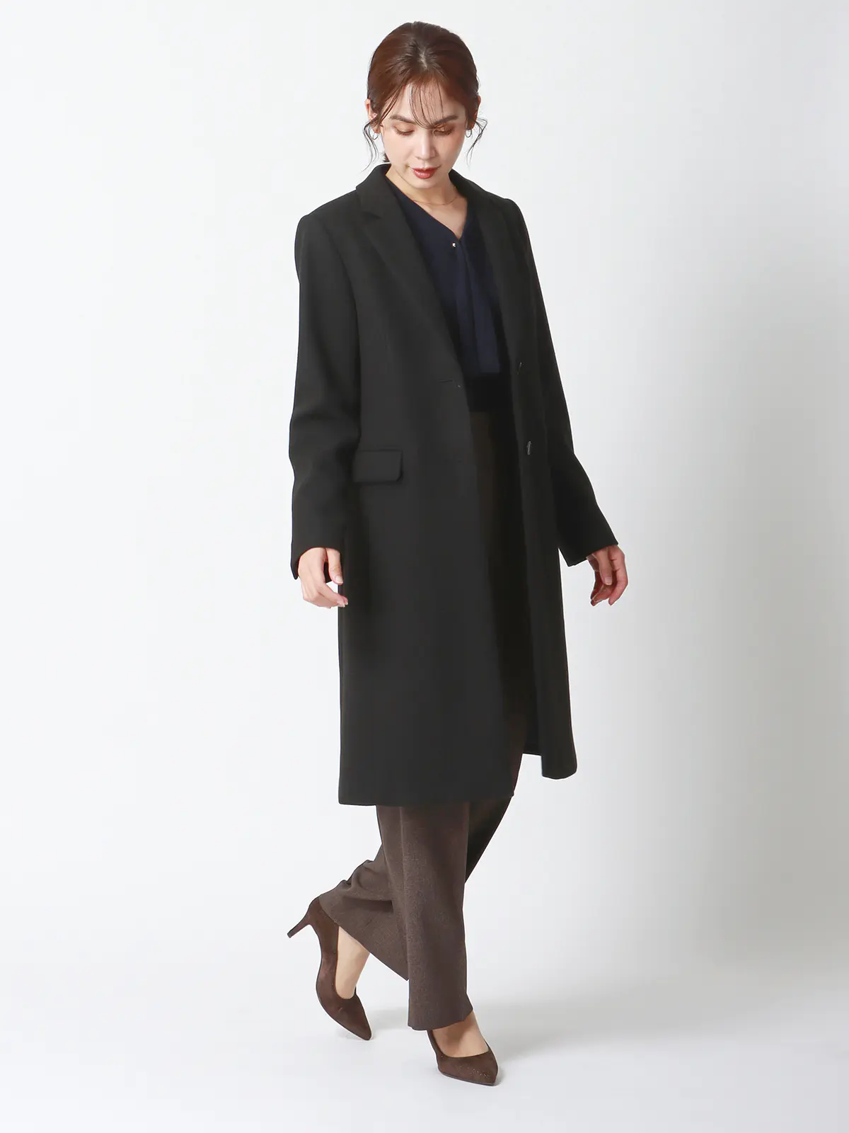 シングルチェスターコート/ウールライクジャージーメルトン/無地 ブラック 38(9号)