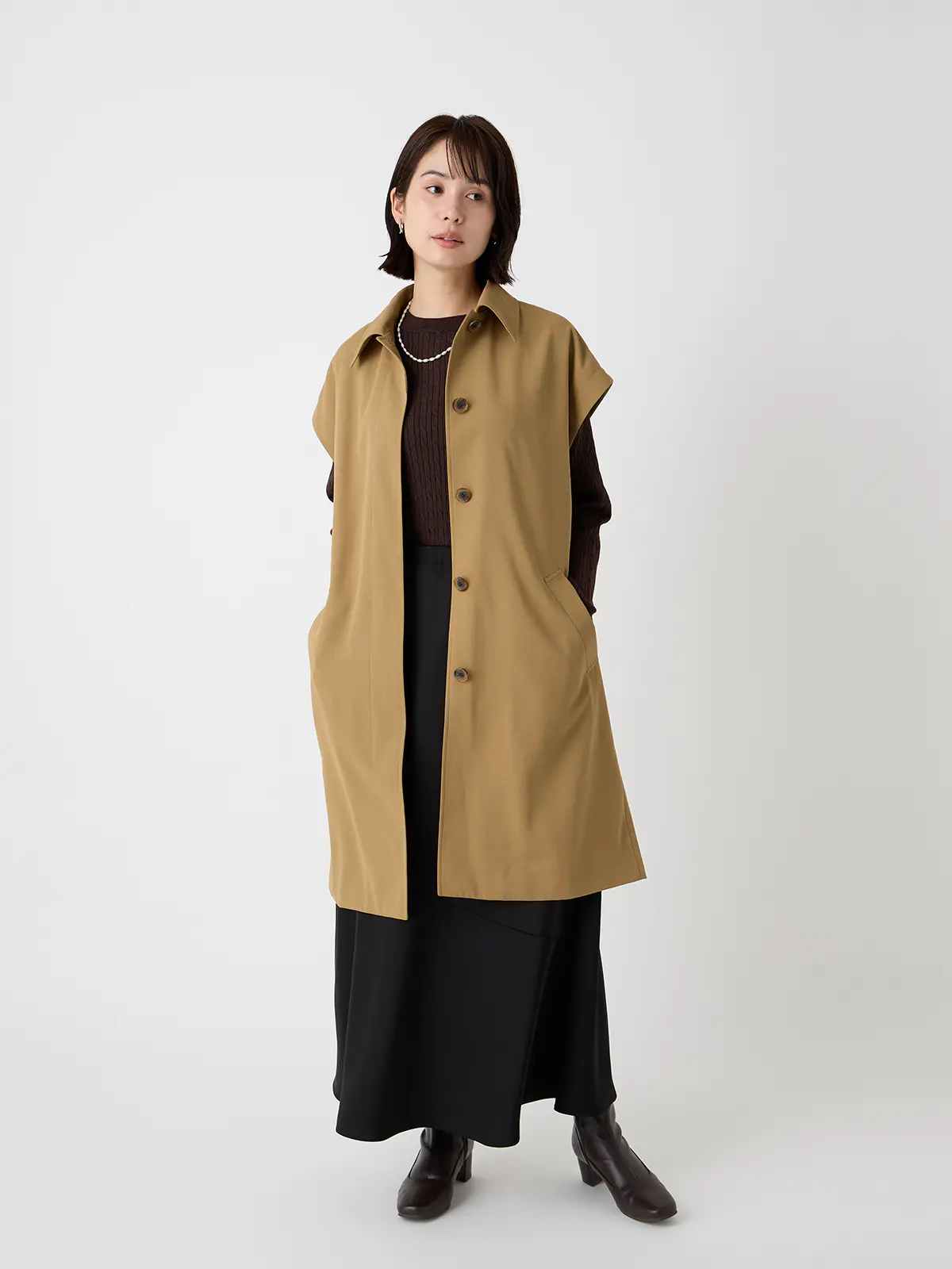 スリーブレスコート/ウォッシャブル/UVカット/コットンライクツイル/ベルト付き/BIYORI UP キャメル 38(9号)