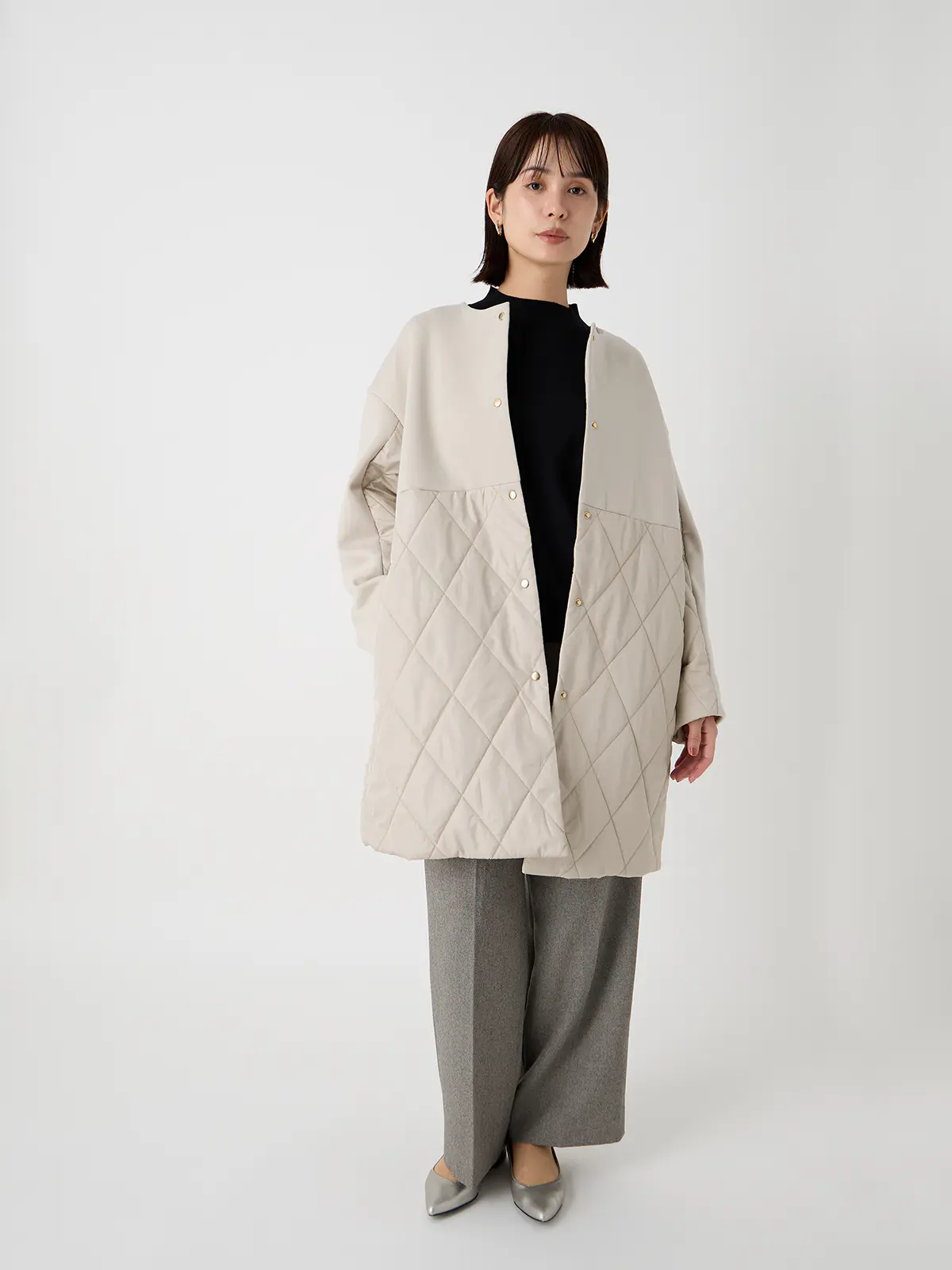 WEB限定/ノーカラーコート/ダンホールニット×キルティング/無地 ベージュ 38(9号)