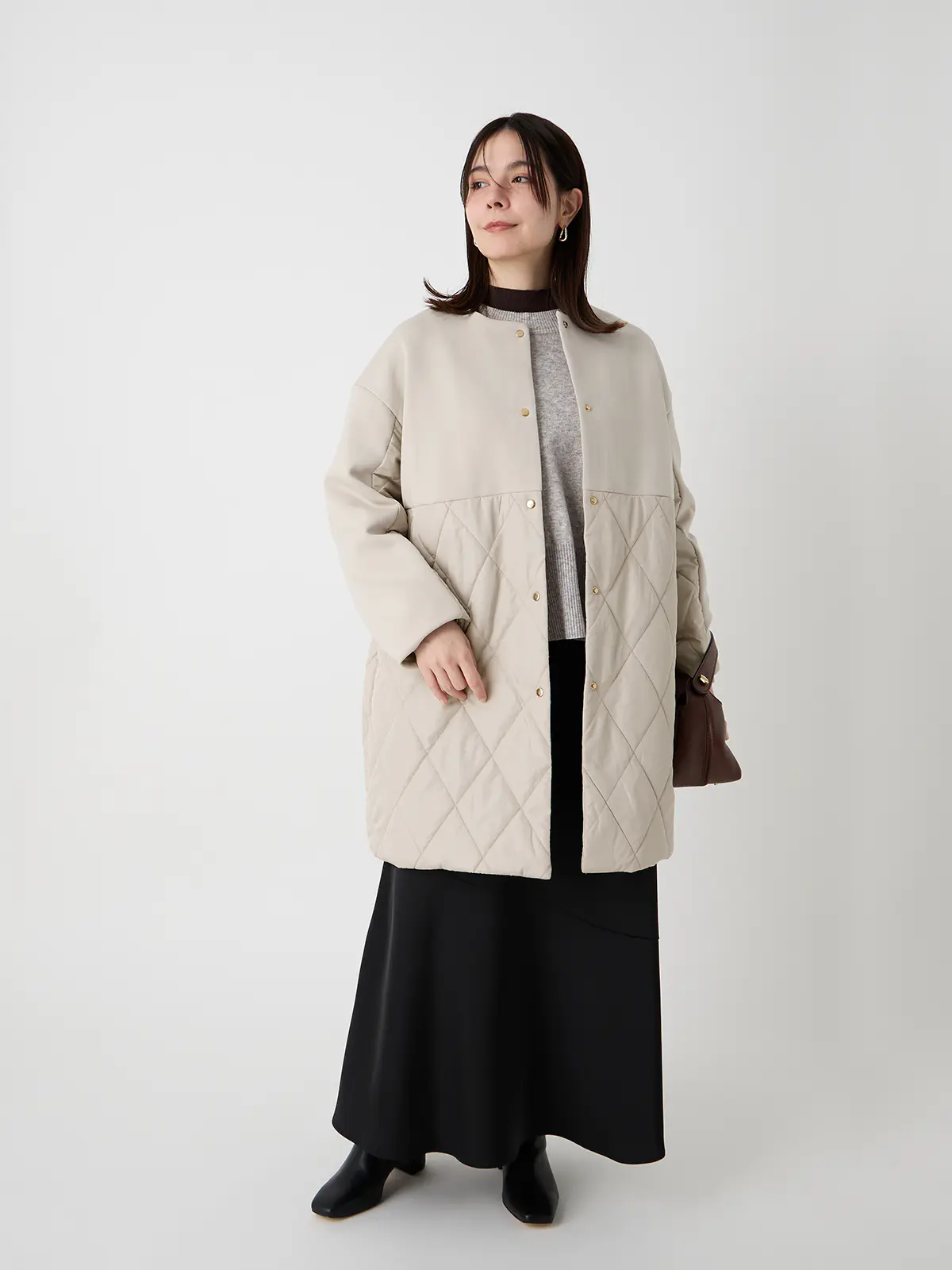 WEB限定/ノーカラーコート/ダンホールニット×キルティング/無地 ベージュ 38(9号)