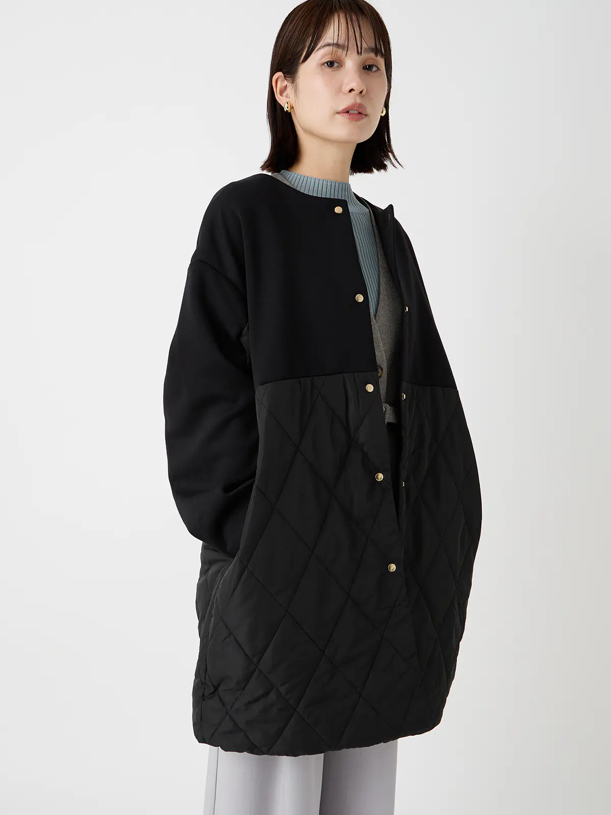 WEB限定/ノーカラーコート/ダンホールニット×キルティング/無地 ブラック 38(9号)
