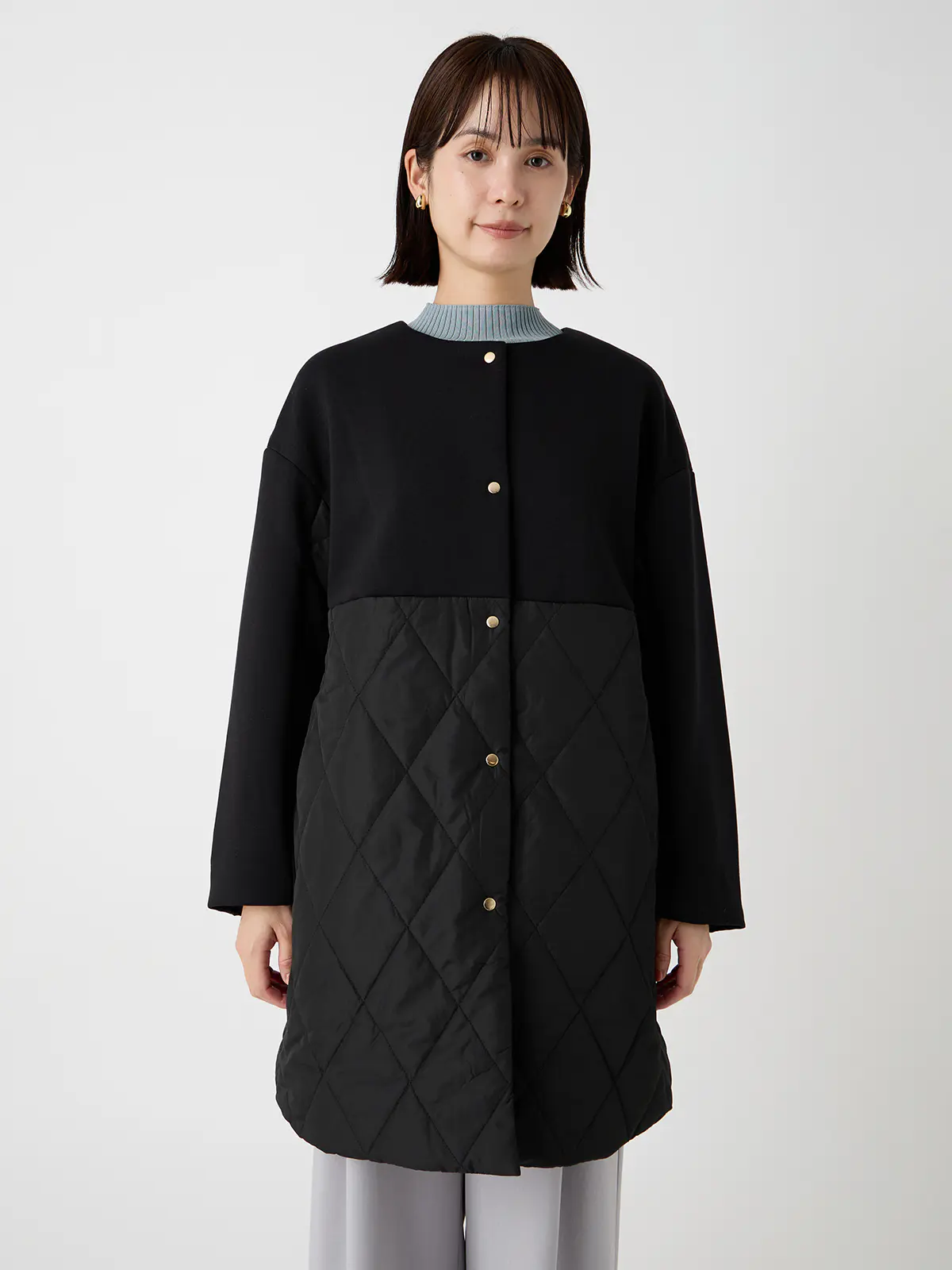 WEB限定/ノーカラーコート/ダンホールニット×キルティング/無地 ブラック 38(9号)