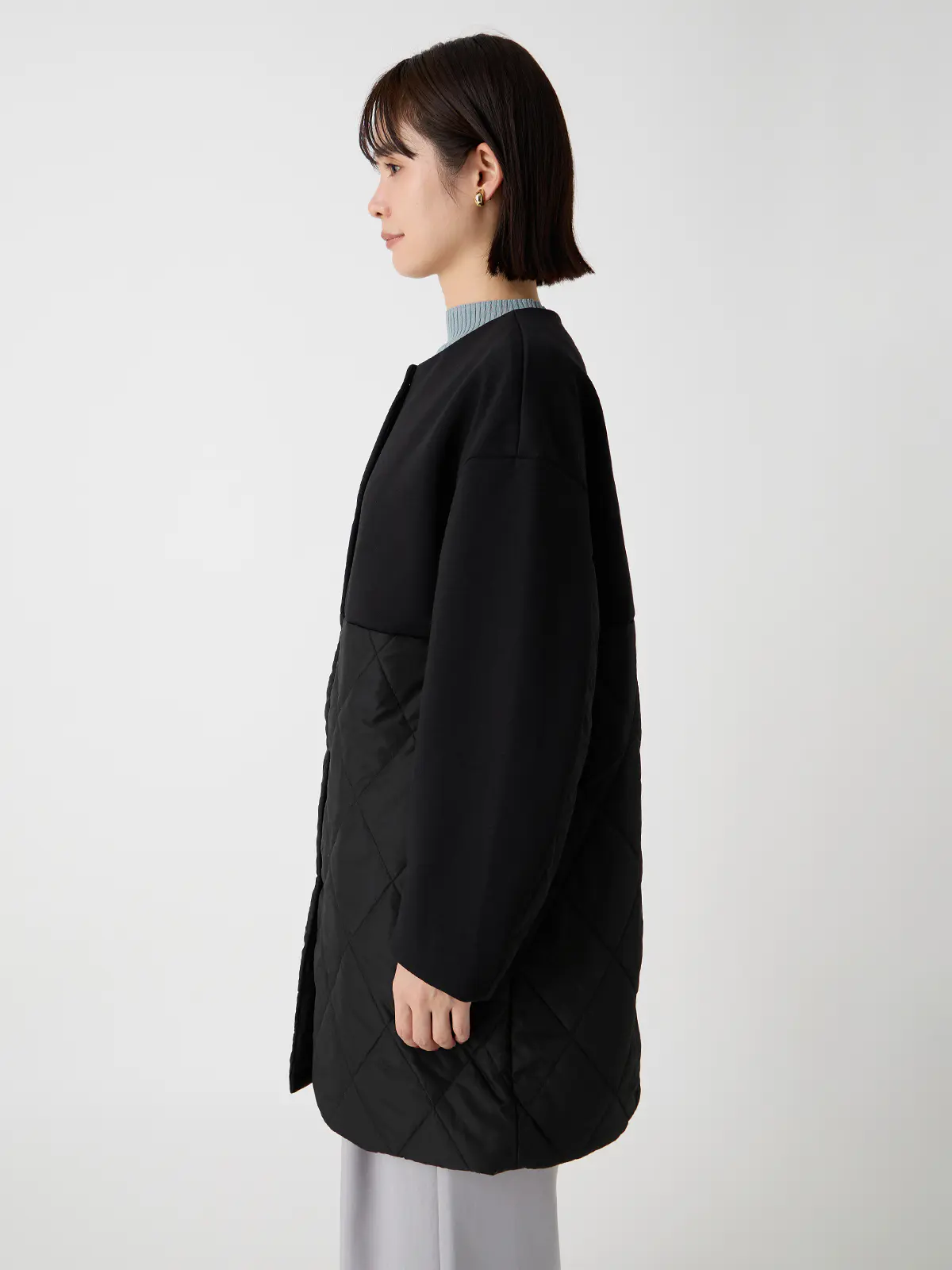 WEB限定/ノーカラーコート/ダンホールニット×キルティング/無地 ブラック 38(9号)