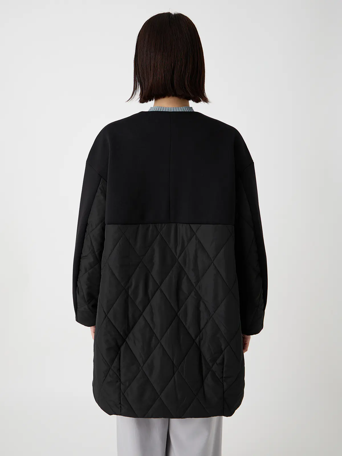 WEB限定/ノーカラーコート/ダンホールニット×キルティング/無地 ブラック 38(9号)