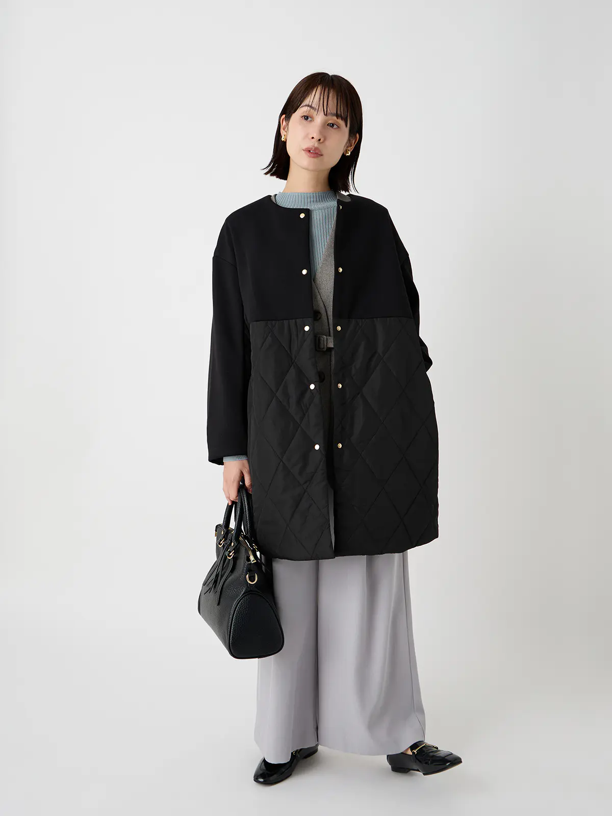 WEB限定/ノーカラーコート/ダンホールニット×キルティング/無地 ブラック 38(9号)