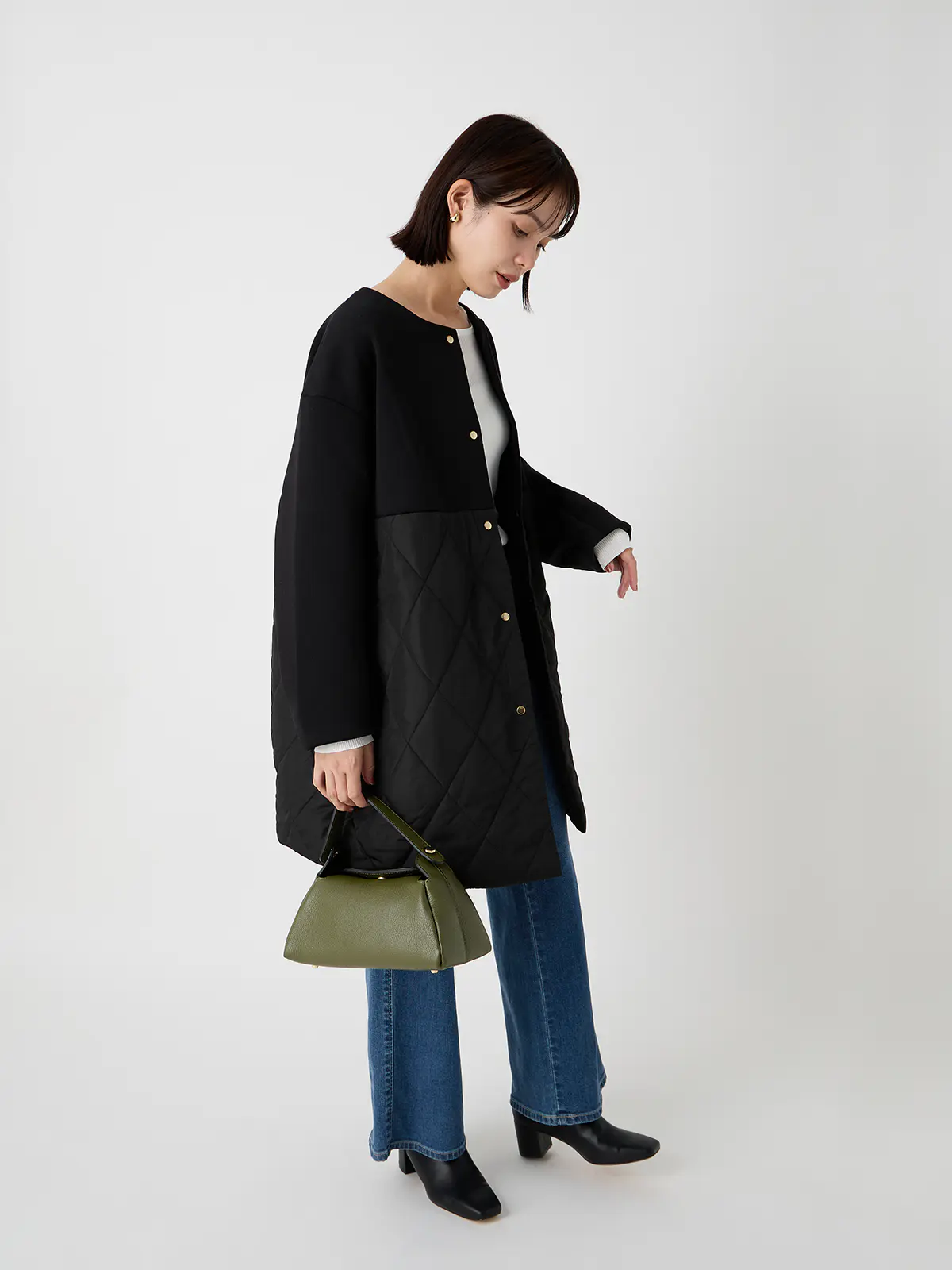 WEB限定/ノーカラーコート/ダンホールニット×キルティング/無地 ブラック 38(9号)
